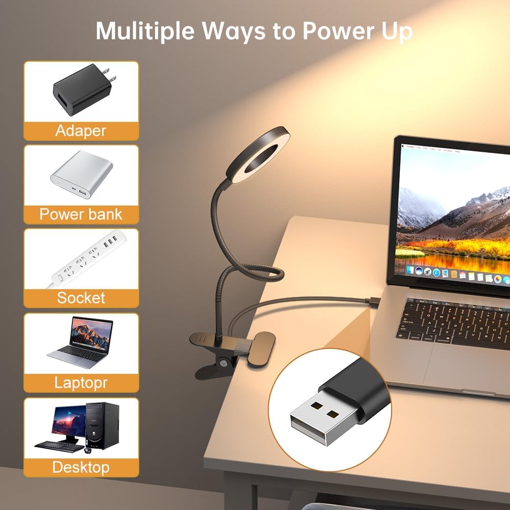 KEXIN Lámpara de mesa con clip, 3 modos de color, 10 brillos con abrazadera para el cuidado de los ojos, lámpara de lectura regulable, lámpara de