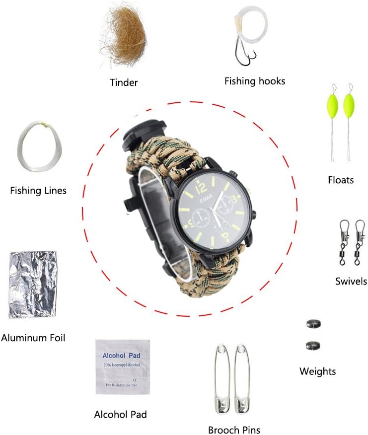 Pulsera de supervivencia para deportes al aire libre, 7 núcleos Paracord Mountaineer Noctilucente, reloj de emergencia pulsera de primeros auxilios,