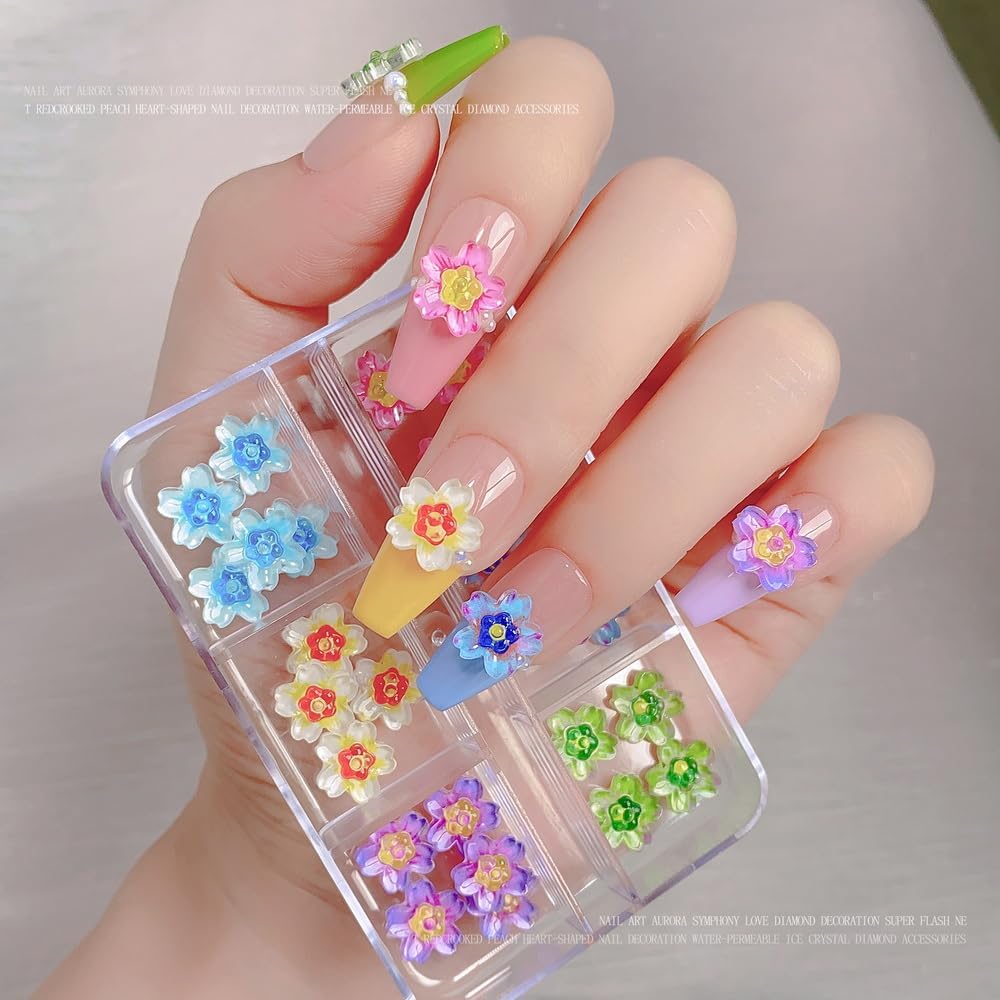 6 encantos de uñas en caja de 36 rejillas 3D para decoración de uñas, dijes de resina de color acrílico, blanco, rosa, negro, amarillo, verde,