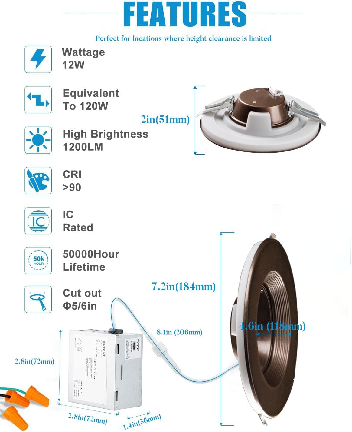 Downlight LED de 6 pulgadas con luz nocturna de 140 lmw (alta eficacia) CRI90 regulable LED empotrable, 3000 K4000 K5000 K seleccionables, luces LED
