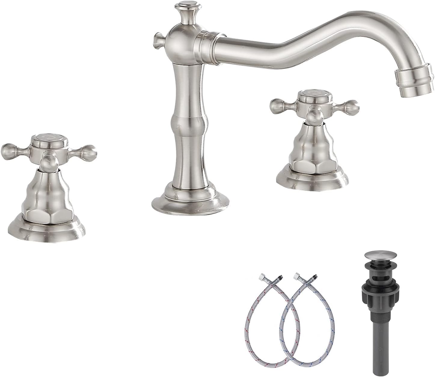 GGStudy – Grifo mezclador de 2 manijas para lavabo de tres agujeros, para lavabo de baño extendido de 8 a 16 pulgadas, con desagüe de metal que se