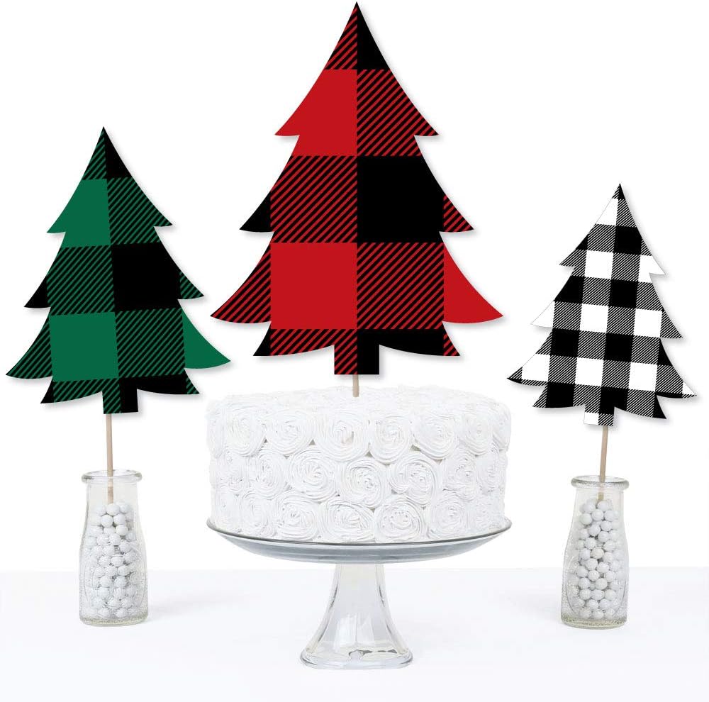 Big Dot of Happiness Holiday Plaid Trees – Palitos de centro de mesa de fiesta de Navidad a cuadros de búfalo – Juego de 15