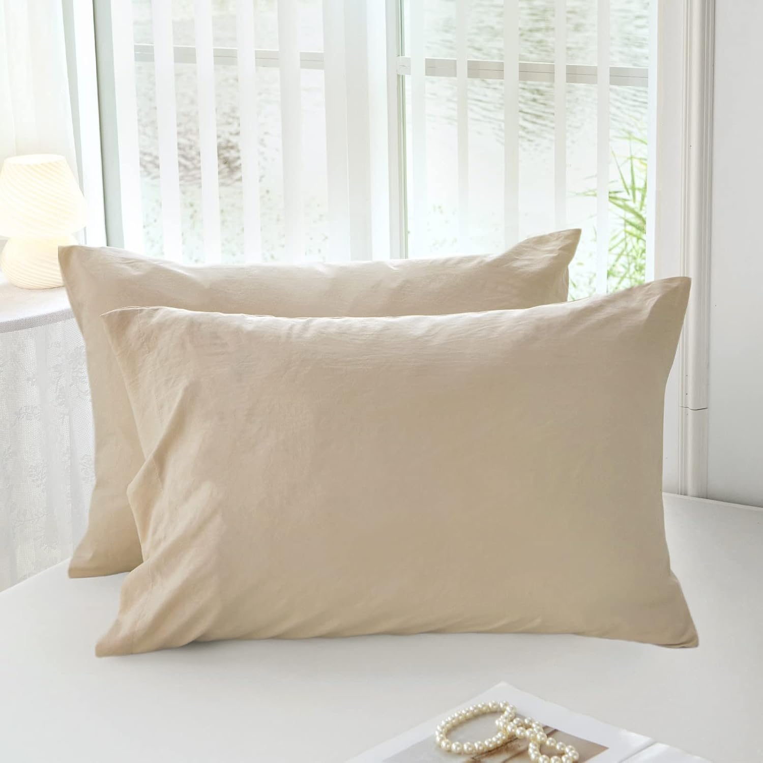 MILDLY Funda de almohada súper suave tamaño Queen  Fundas de almohada ligeras de microfibra lavada de 20 x 30 pulgadas, color caqui claro, 2