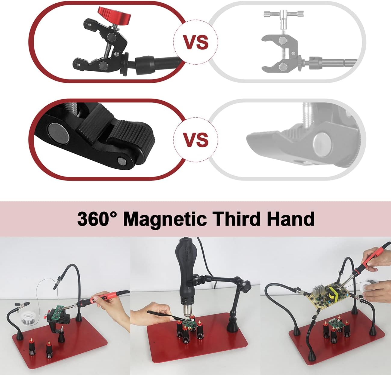 Helping Hands – Estación magnética de tercer ayudante con 4 brazos magnéticos de soldadura, soporte para pistola de soldadura y base estable grande