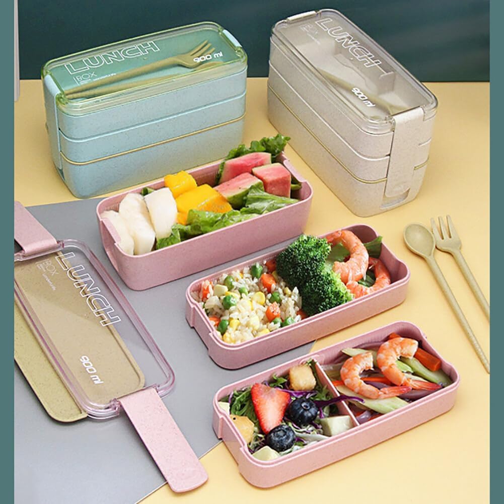 Lonchera cuadrada para adultos, 3 compartimentos, 31.1 onzas líquidas, sellada, caja Bento de 3 capas, todo en uno, contenedores Bento apilables con