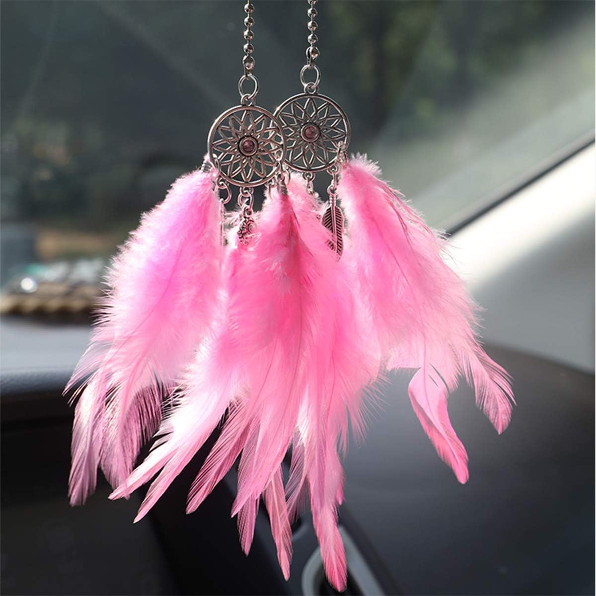 Colgante de espejo retrovisor para automóvil, atrapasueños de plumas, dije de cristal, accesorios decorativos para automóvil para mujer (rosa)