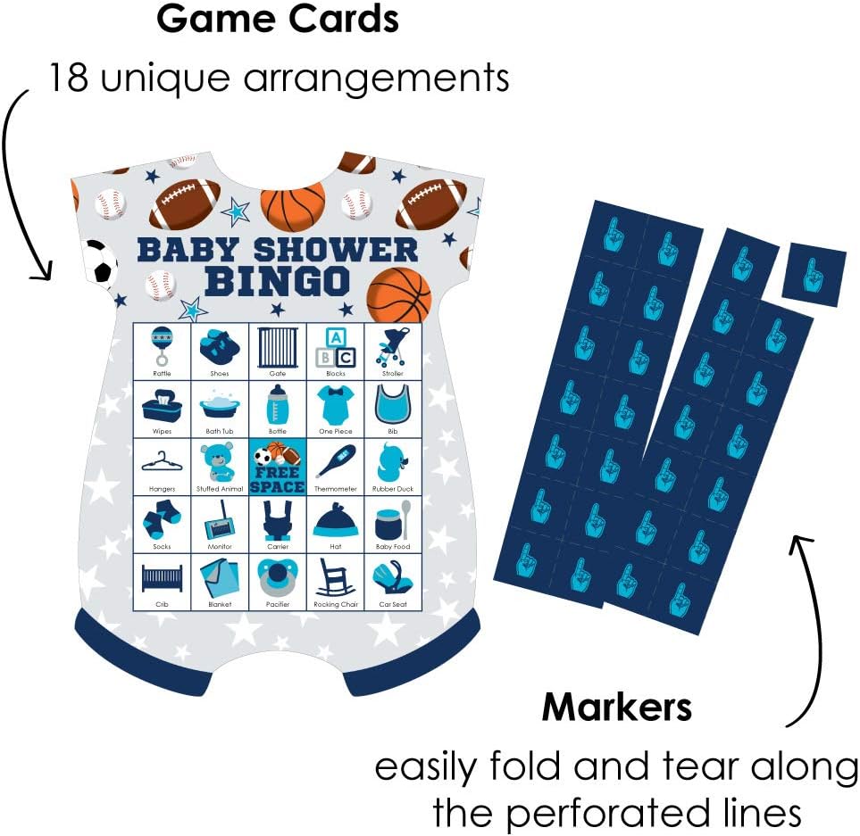 Big Dot of Happiness Go, Fight, Win – Deportes – Tarjetas de bingo y marcadores – Juego de bingo en forma de baby shower – Juego de 18
