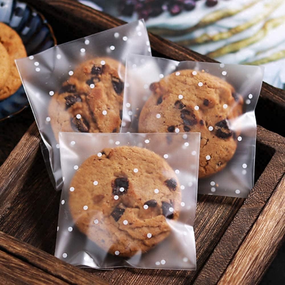 300 bolsas de galletas autoadhesivas de plástico transparente de celofán para dulces de pastelería, regalos de fiesta de Navidad, regalos (lunares