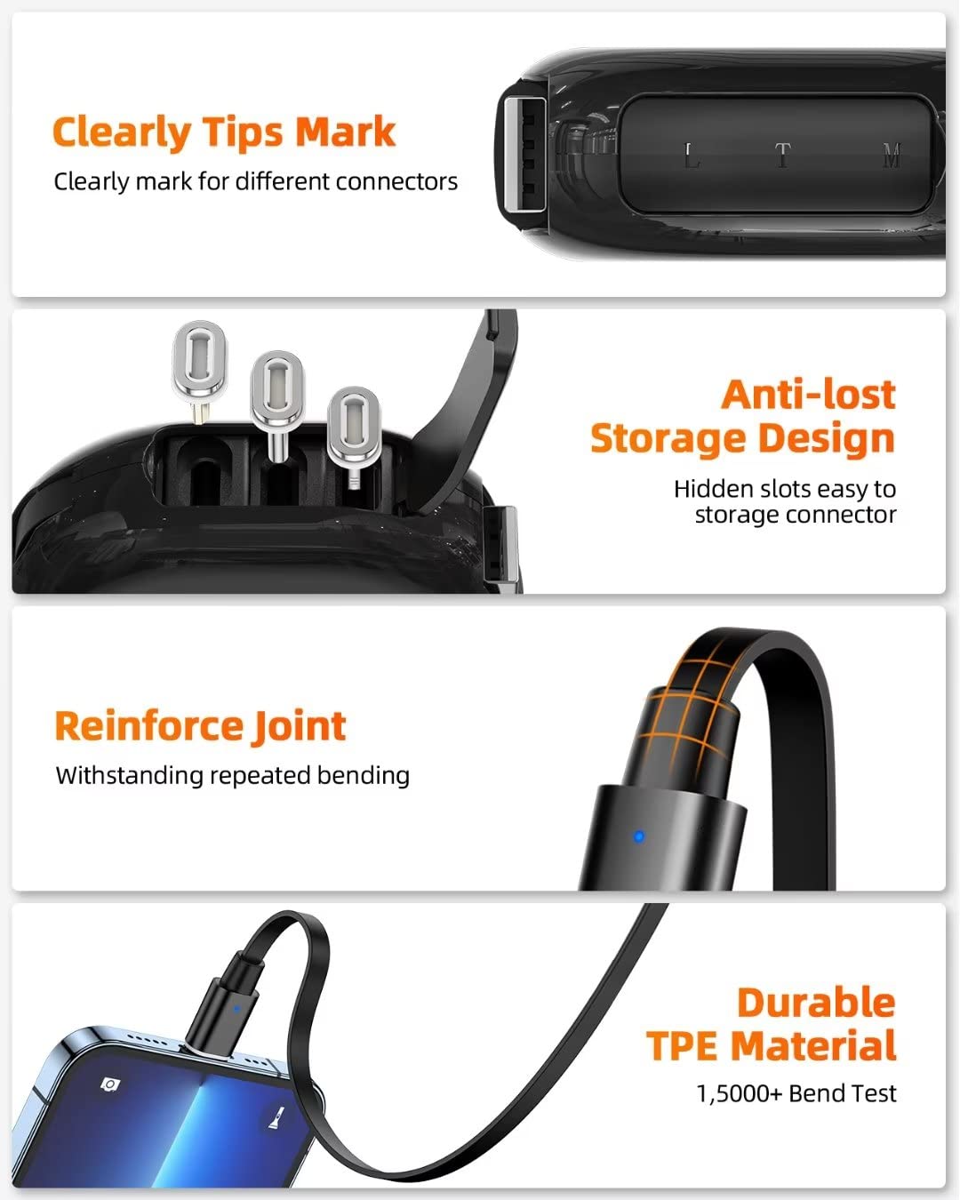 YKZ Cable de carga retráctil magnético 3 en 1, cable de carga de teléfono USB retráctil de viaje 3A con micro USBTipo-C para todos los dispositivos