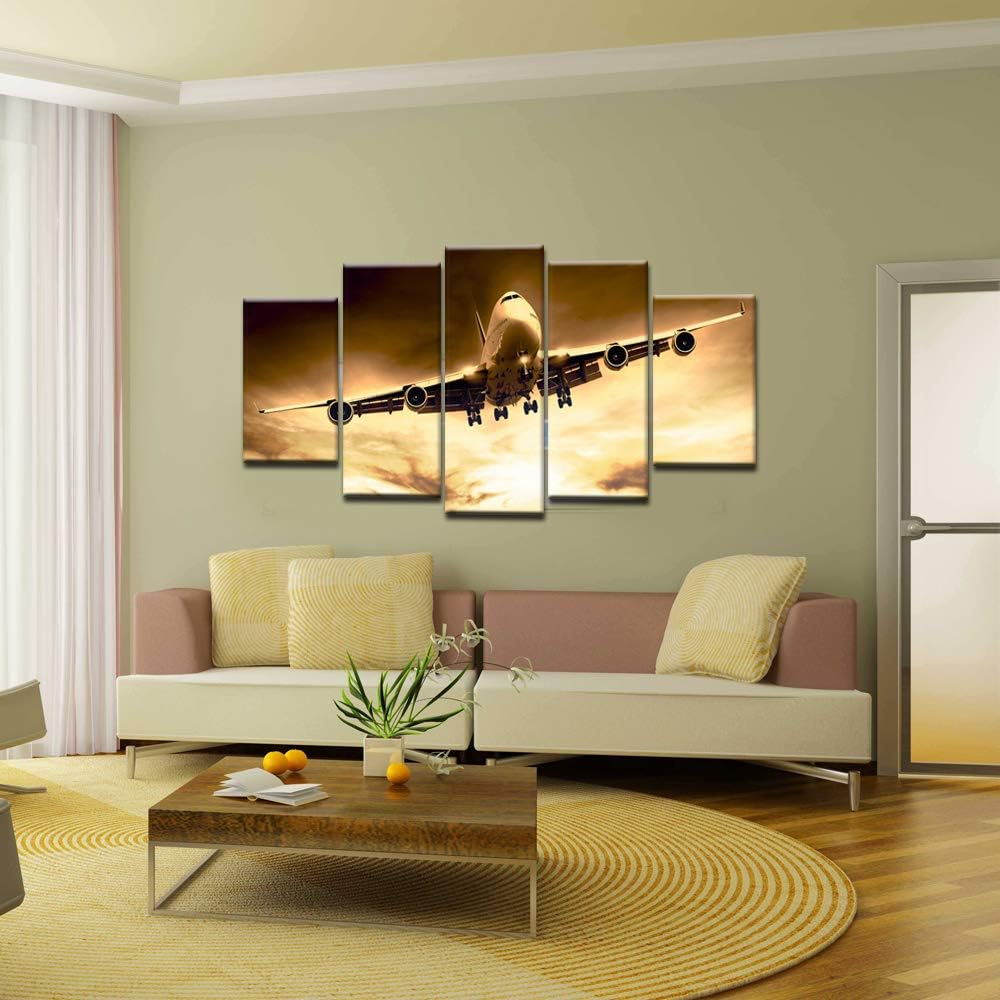 sechars Lienzo grande de 5 piezas, arte para pared, diseño de avión al atardecer, impresión en lienzo para sala de estar, dormitorio, decoración de