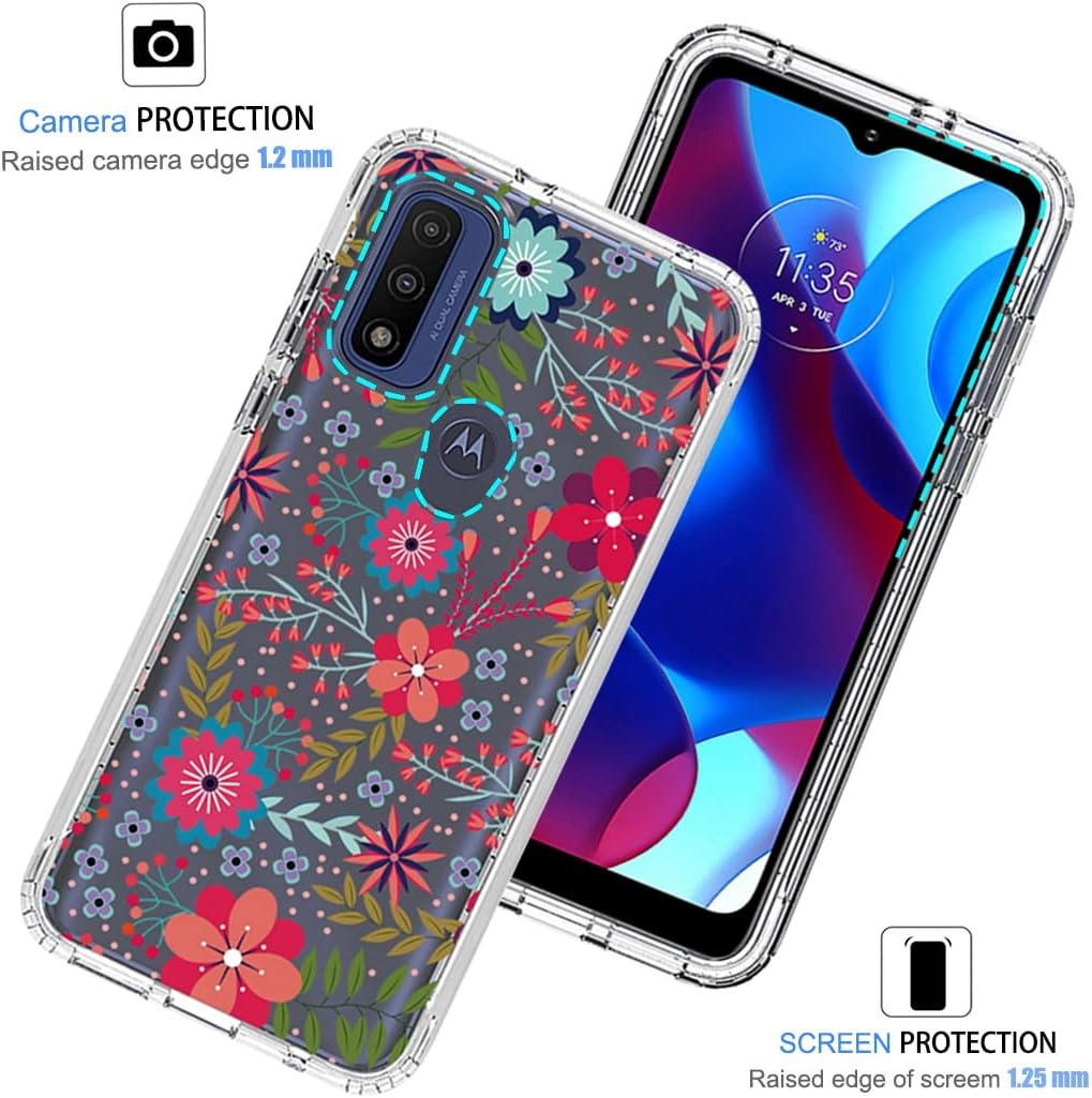 Funda para Moto G PureMotorola G Pure 2021 con protector de pantalla de vidrio templado, funda protectora de TPU transparente floral a prueba de