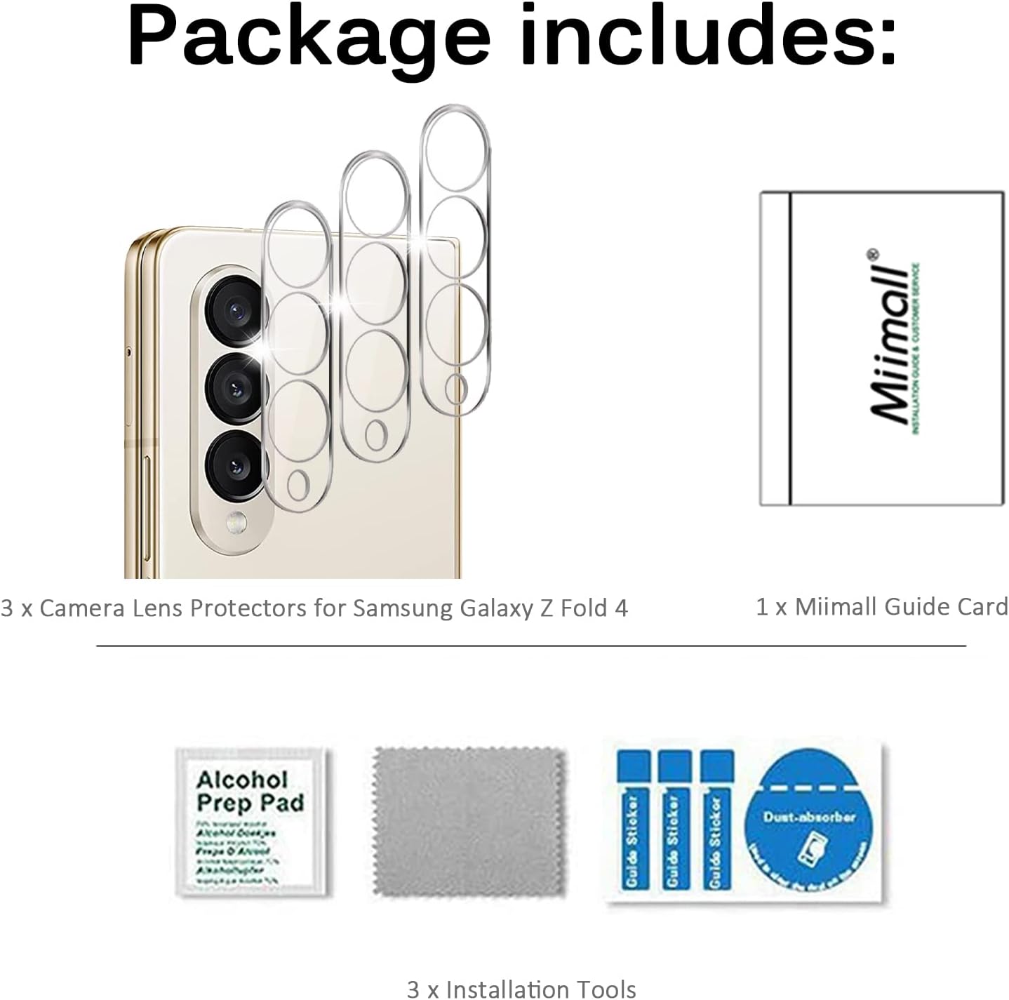 Miimall Paquete de 3 protectores de lente de cámara compatibles con Samsung Galaxy Z Fold 4, vidrio templado de dureza 9H, antiarañazos, película
