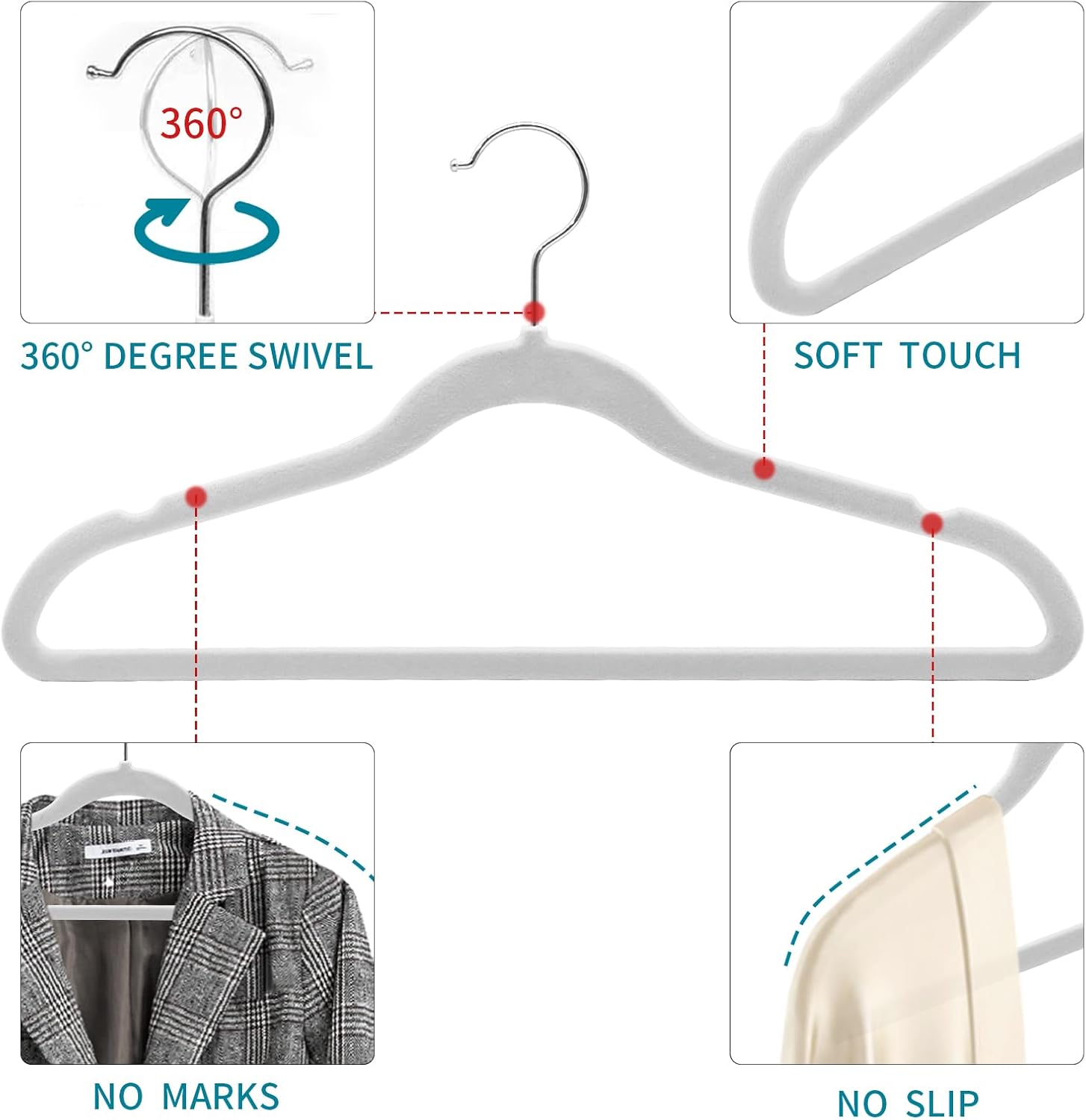 Paquete de 30 perchas de terciopelo antideslizantes, perchas resistentes para armarios con gancho giratorio de 360, perchas delgadas y duraderas
