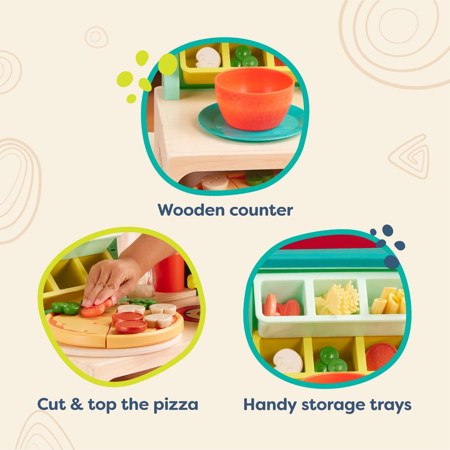 B. toys – Mini Chef – Pizza-n-Pasta Playset – Juego de pizza y pasta de juego de simulación – Comida de juego y accesorios de juego de roles –