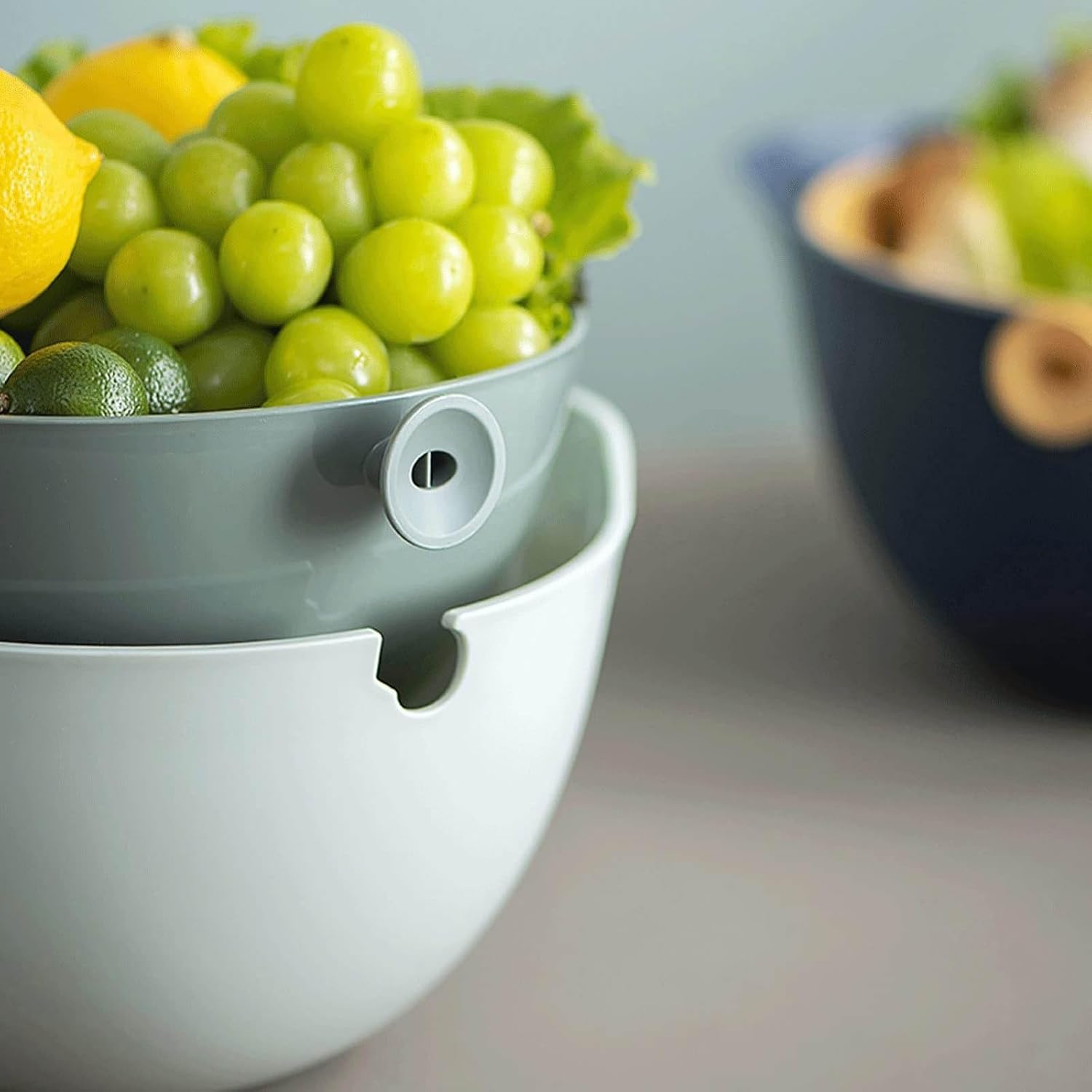 Juego de colador de cocina 2 en 1, colador de limpieza giratorio para verduras y frutas con asa, para frutas, verduras, pasta, fideos, cesta de