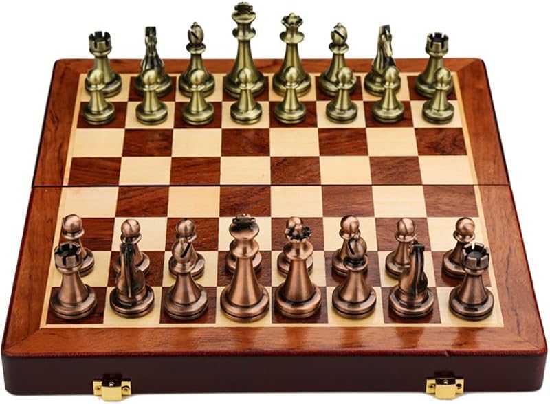Juego de ajedrez de metal retro de 12 pulgadas para adultos y niños, tablero de ajedrez de madera con piezas de ajedrez de metal, juego de ajedrez