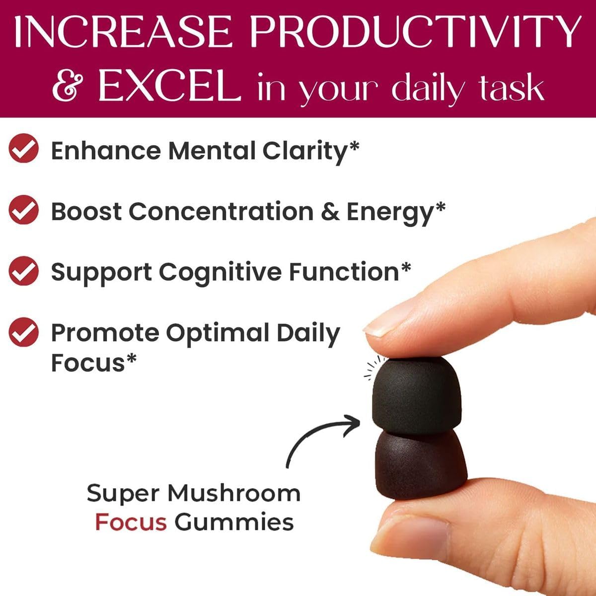 Auri Gomitas Super Mushroom Focus  melena de león, Alpha GPC y Rhodiola  Suplemento de hongos para apoyar la función cognitiva, claridad mental,
