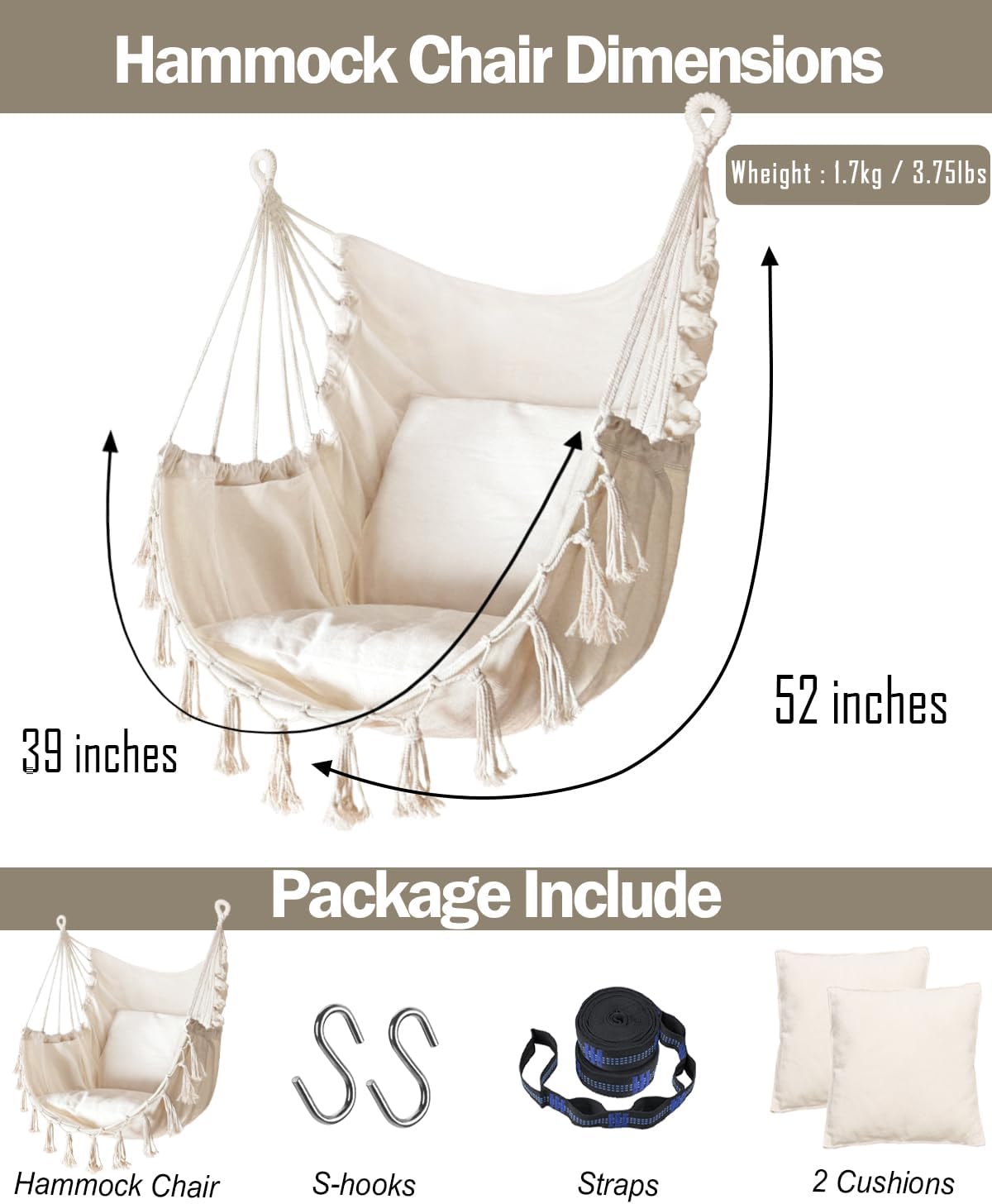Silla hamaca colgante de cuerda con 2 cojines y kits de herramientas, resistente y duradero, suave algodón tejido a mano, silla colgante de macramé