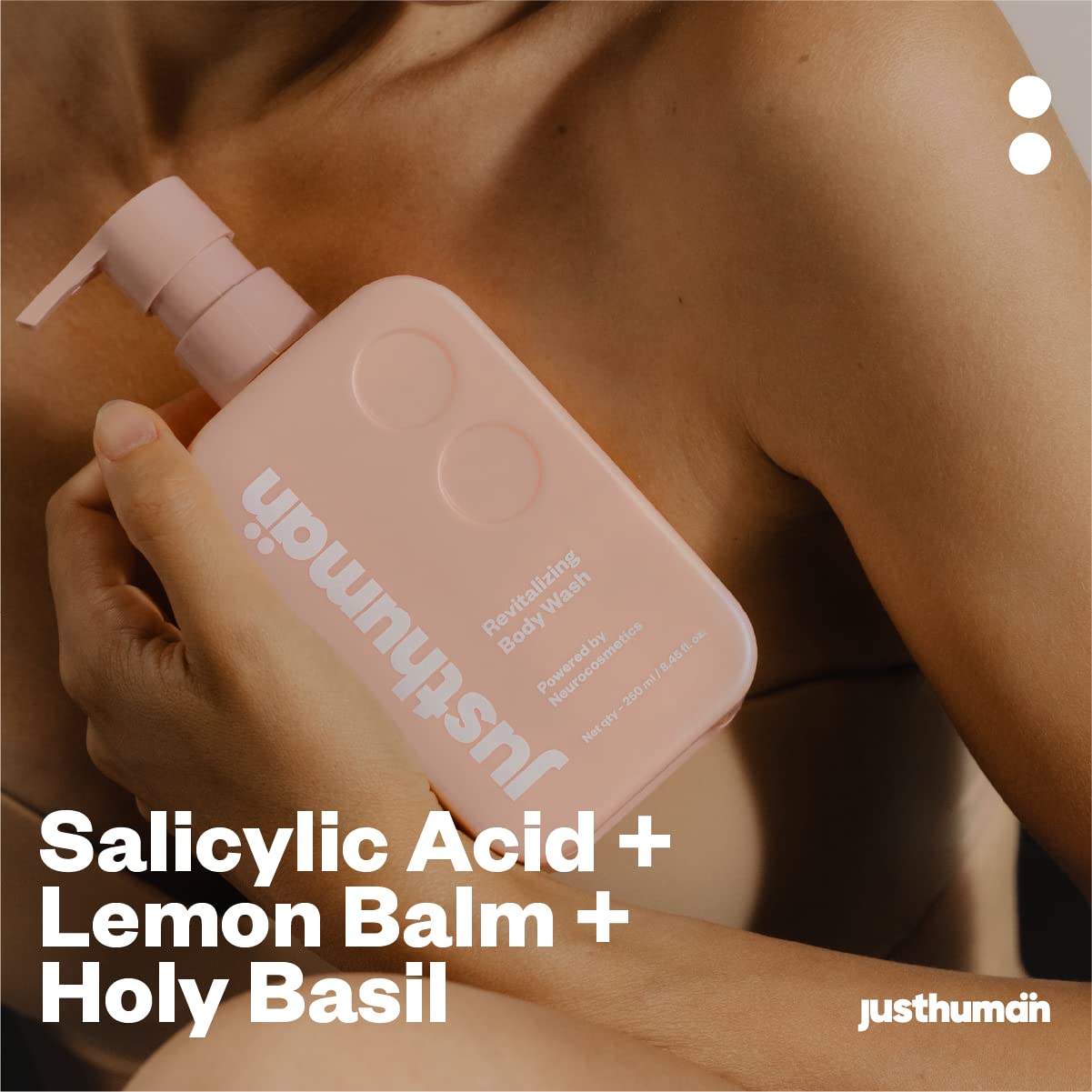 JustHuman Gel de ducha revitalizante hidratante y nutritivo con pH equilibrado, bálsamo de limón y albahaca sagrada para hombres y mujeres, sin