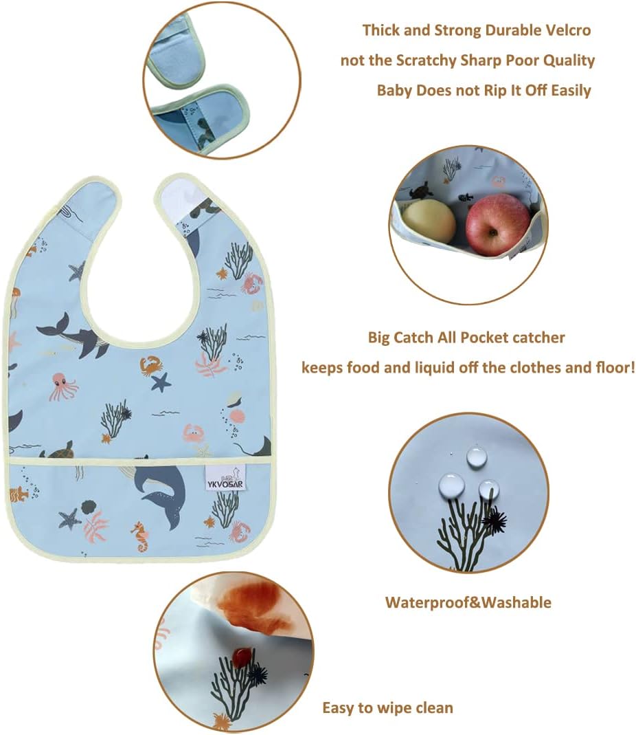 YKVOSAR Baby Bibs for Eating Waterproof Baby Bibs Baby Feeding Bibs 2 Packs Washable Baby Food Bibs 6-24 Months