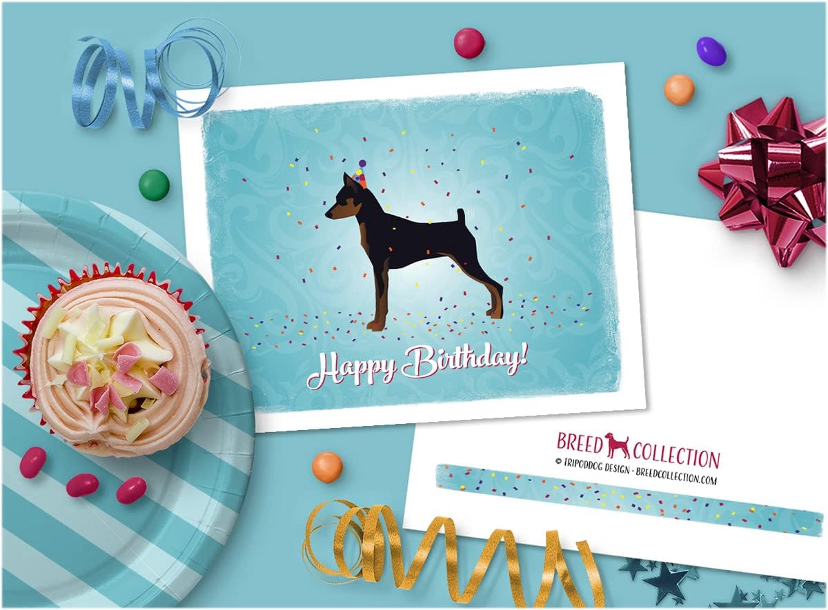 Breed Collection Tarjetas de felicitación y sobres de cumpleaños de perro Pinscher en miniatura, paquete de 8, tarjetas de notas en blanco tamaño A2