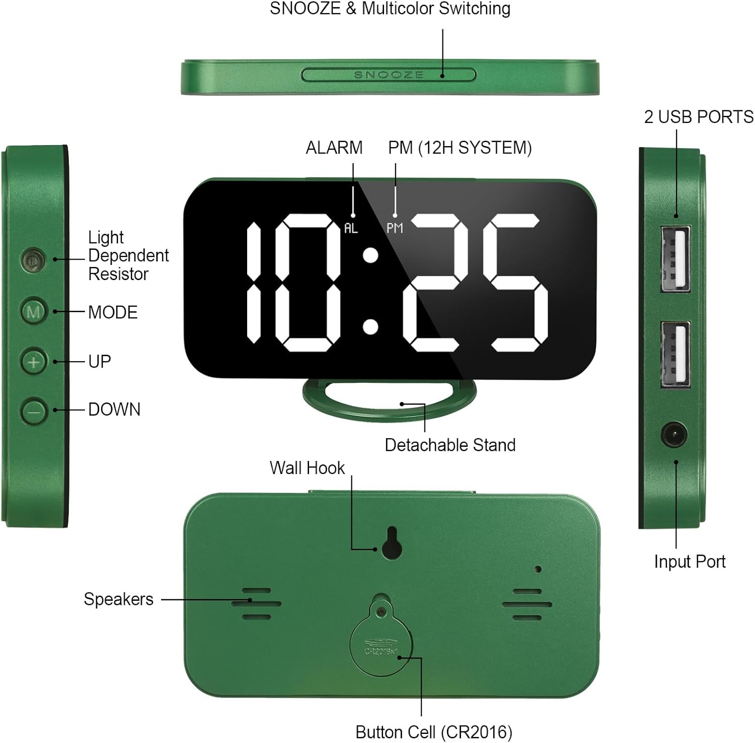 WulaWindy Reloj despertador digital, pantalla LED de espejo grande, con cargador USB, función de repetición, modo tenue, para colgar en la pared