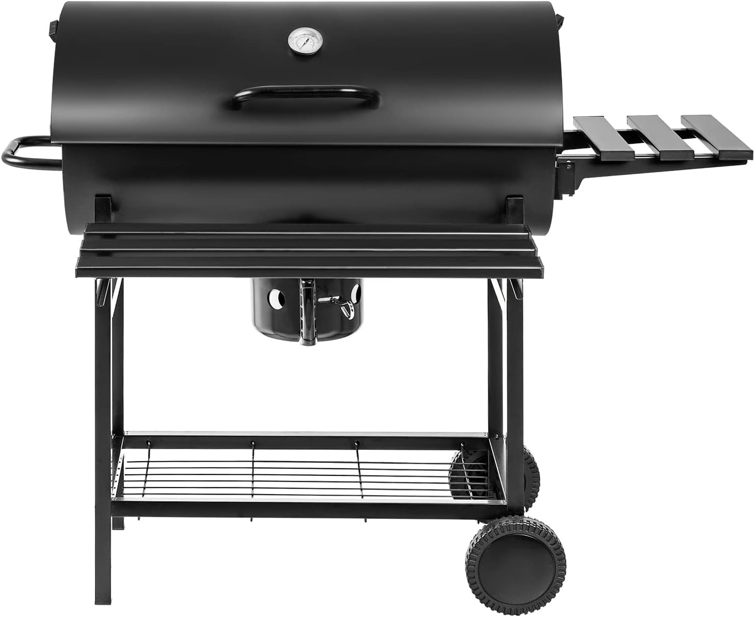 Flamaker Parrilla de carbón estilo barril barbacoa parrilla de carbón con tres estantes de artículos, termómetro de doble capa de hierro cromado