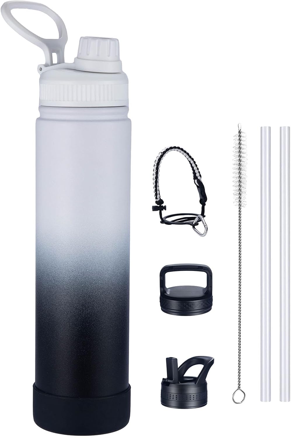 Botella de agua aislada con 3 tapas, frasco de doble pared de acero inoxidable con mango de paracaídas, funda protectora de silicona, 2 popotes, a