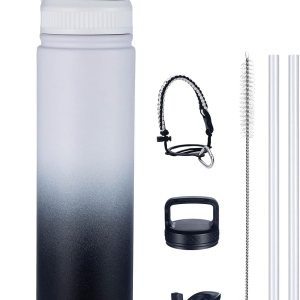 Botella de agua aislada con 3 tapas, frasco de doble pared de acero inoxidable con mango de paracaídas, funda protectora de silicona, 2 popotes, a Botella de agua aislada con 3 tapas, frasco de doble pared de acero inoxidable con mango de paracaídas, funda protectora de silicona, 2 popotes, a