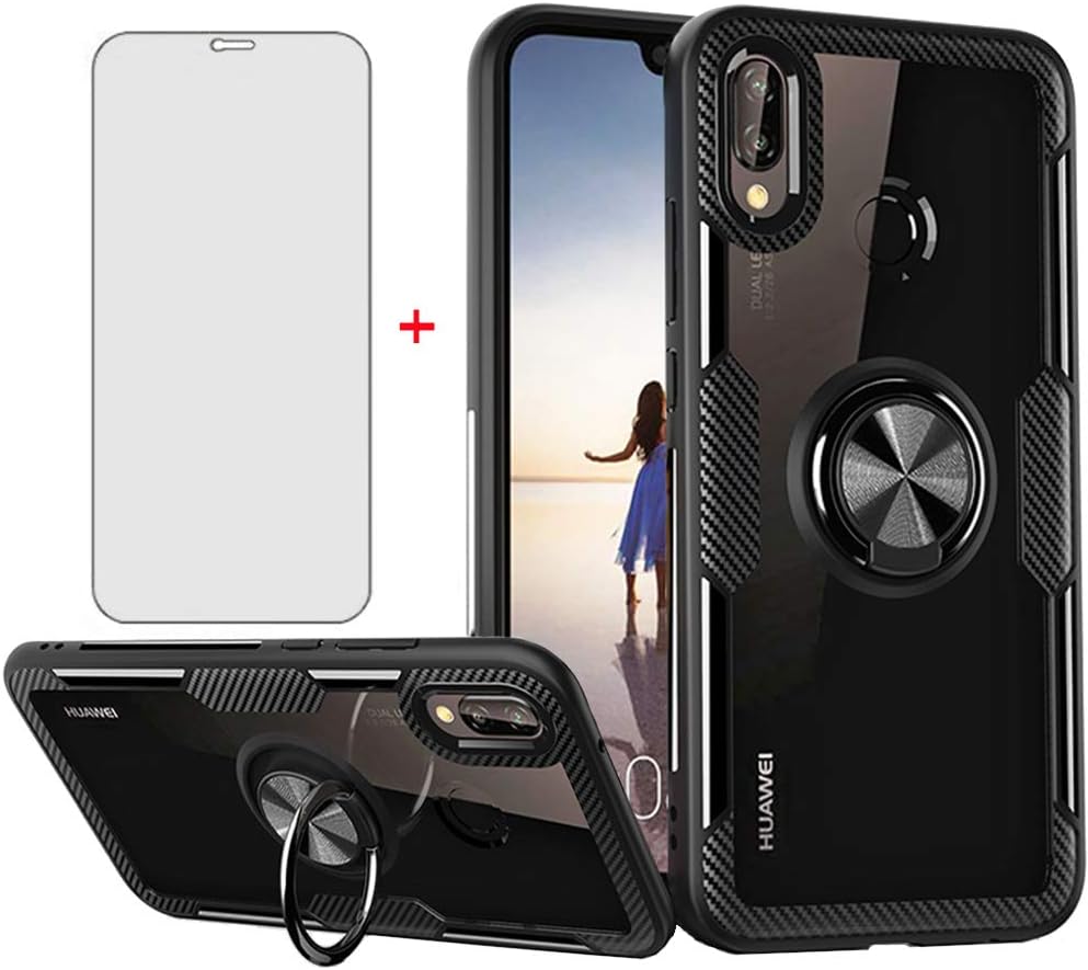 Funda de teléfono para Huawei P20 Lite con protector de pantalla de vidrio templado, cubierta transparente y soporte para anillo de soporte,