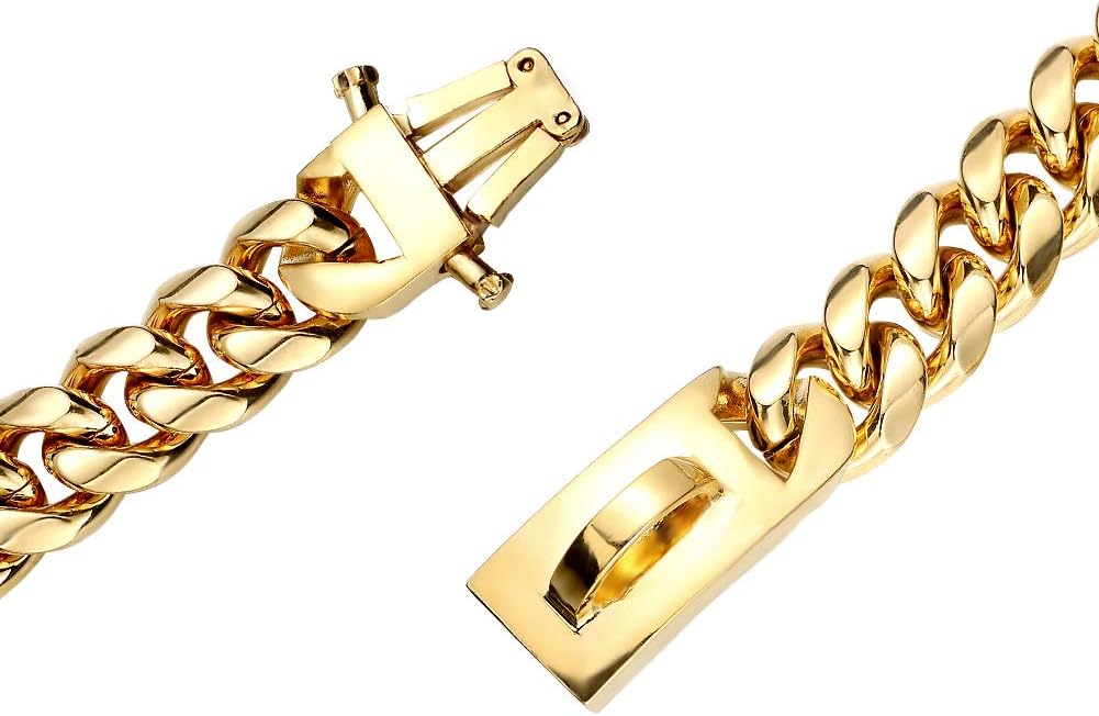 Collar de cadena resistente para perro, acero inoxidable, 0.551 in, oro de 18 quilates, collar de metal para caminar, collar de perro adecuado para