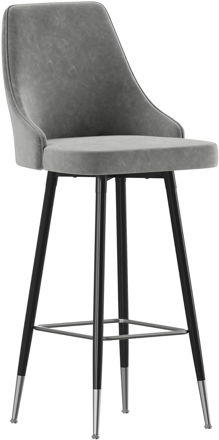 Flash Furniture Shelly – Juego de 2 taburetes de bar comerciales de altura de bar, tapicería LeatherSoft gris, marcos de metal negro, 30 pulgadas de