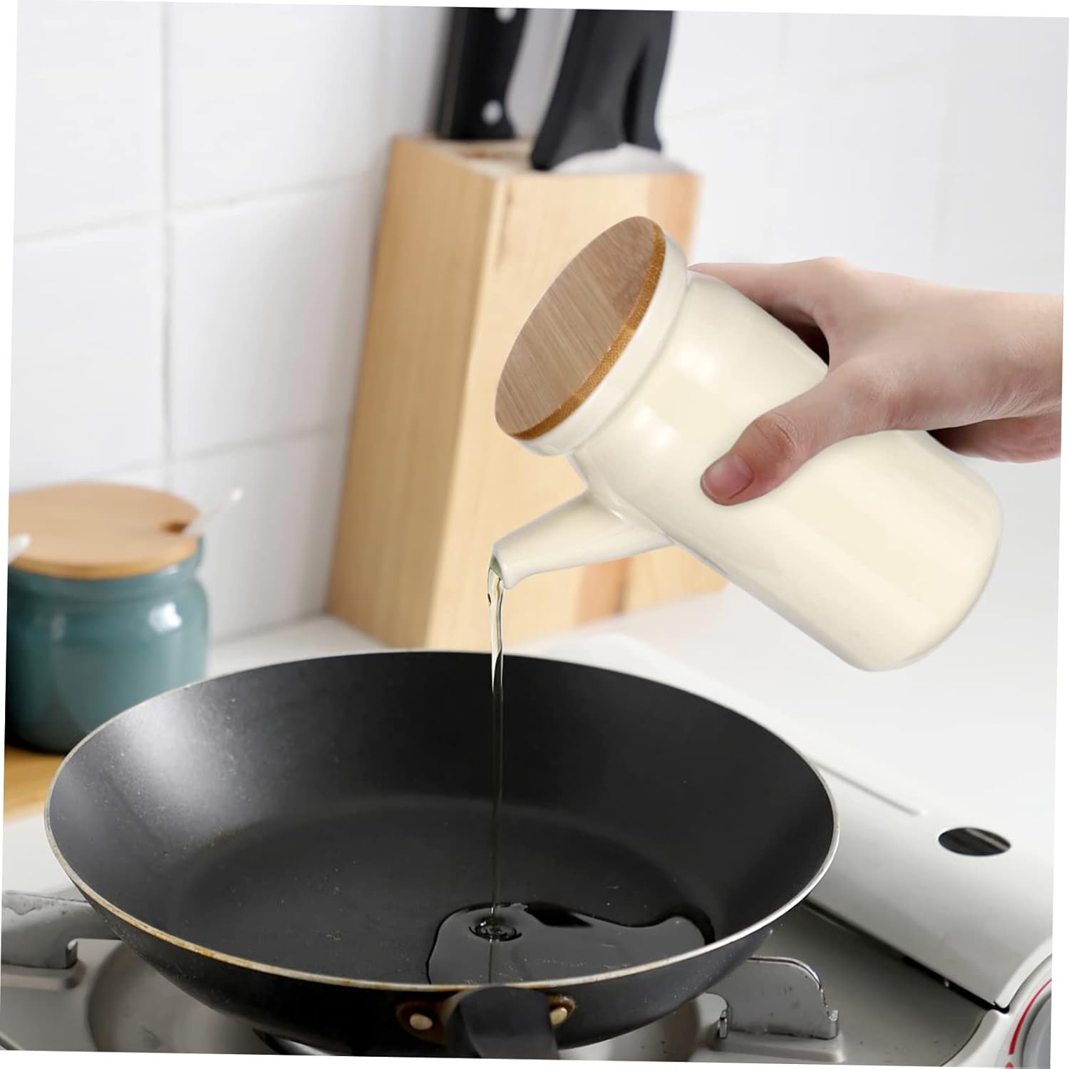 HOMSFOU Recipiente de aceite de cerámica con tapa, dispensador de aceite de ensalada, botellas de vinagre, botella de salsa de cerámica, aceite de