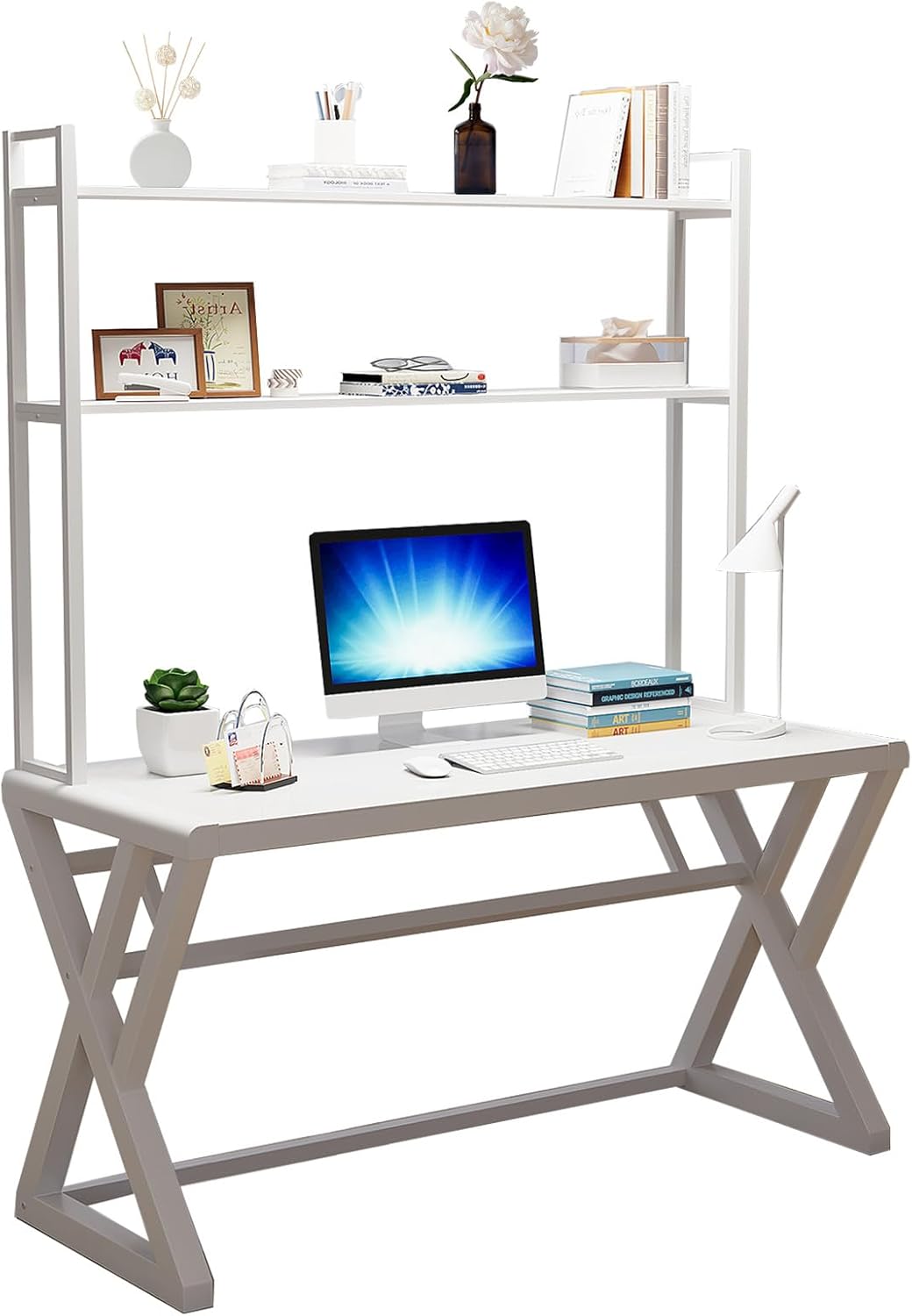 Escritorio de vidrio para computadora de 55.1 pulgadas con estantes de almacenamiento, mesa de escritorio de oficina en casa con marco de metal,