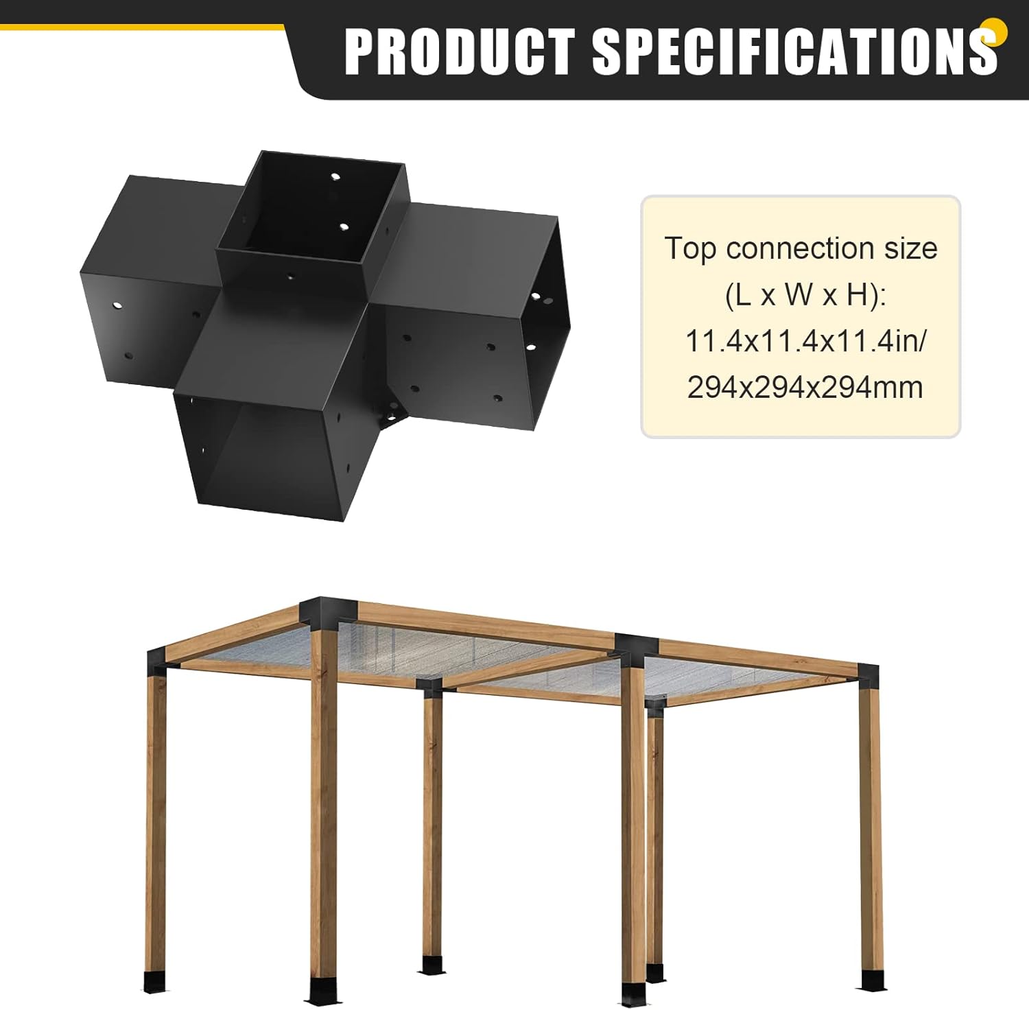 Woodworks – Kit de soportes de pérgola de 6 x 6, soportes de extensión de esquina de 4 vías, recubrimiento de polvo negro, soportes de metal de 6 x