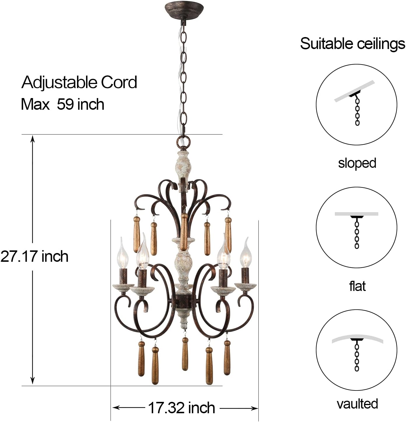 Candelabro de campo francés, lámpara de madera rústica con brazo de flor, 5 luces hechas a mano, color blanco envejecido, lámpara de araña para