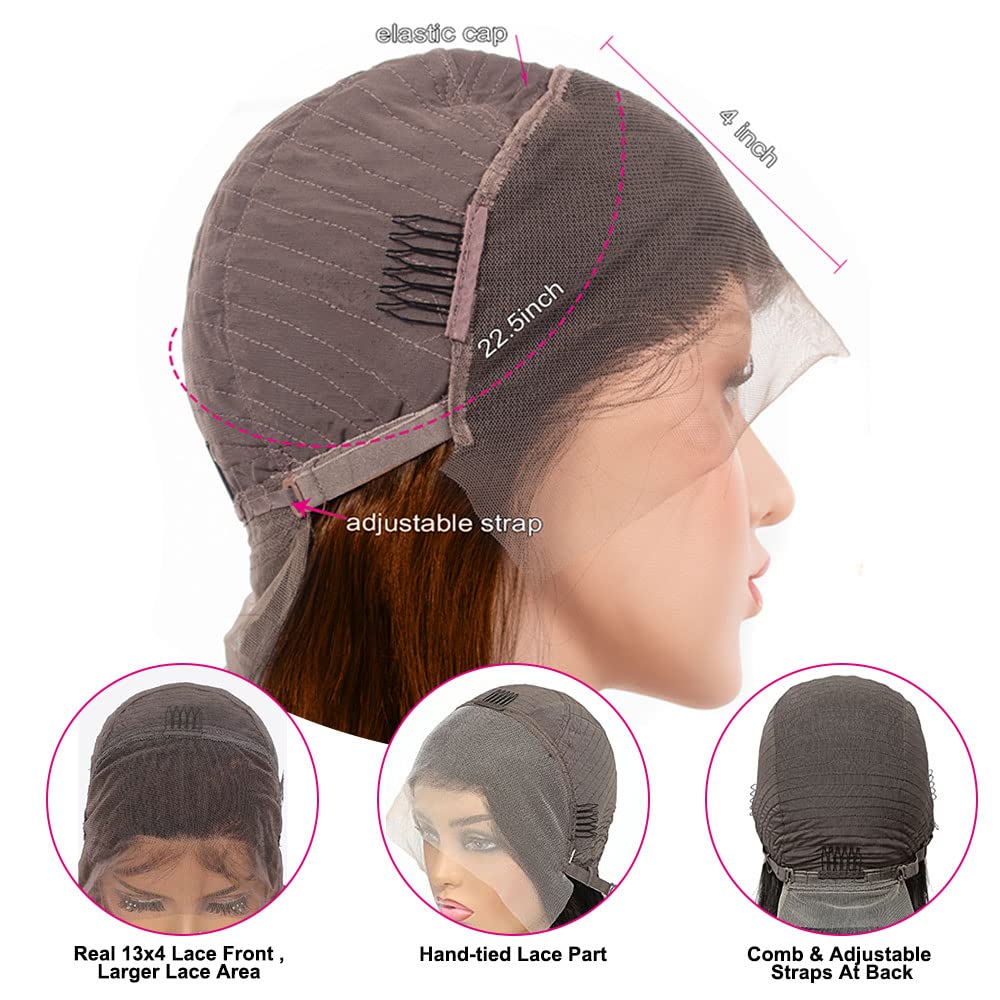 Peluca de cabello humano castaño rojizo estilo Bob de 13 x 4 para mujeres negras, densidad del 180 %, color marrón rojizo 33B, pelucas de cabello
