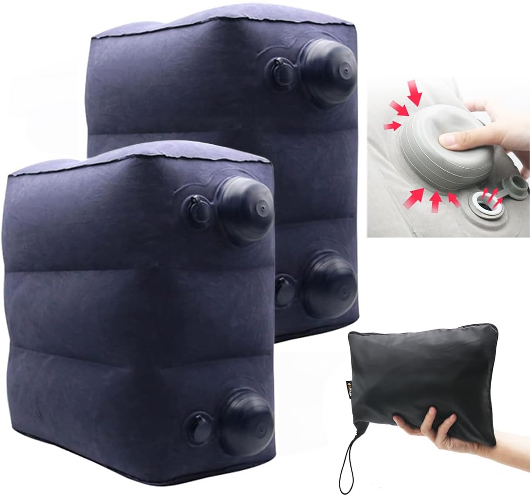 Paquete de 2 reposapiés inflables para viajes aéreos, reposapiés de viaje en avión, altura ajustable, cocheavión, almohada reposapiés con bomba para