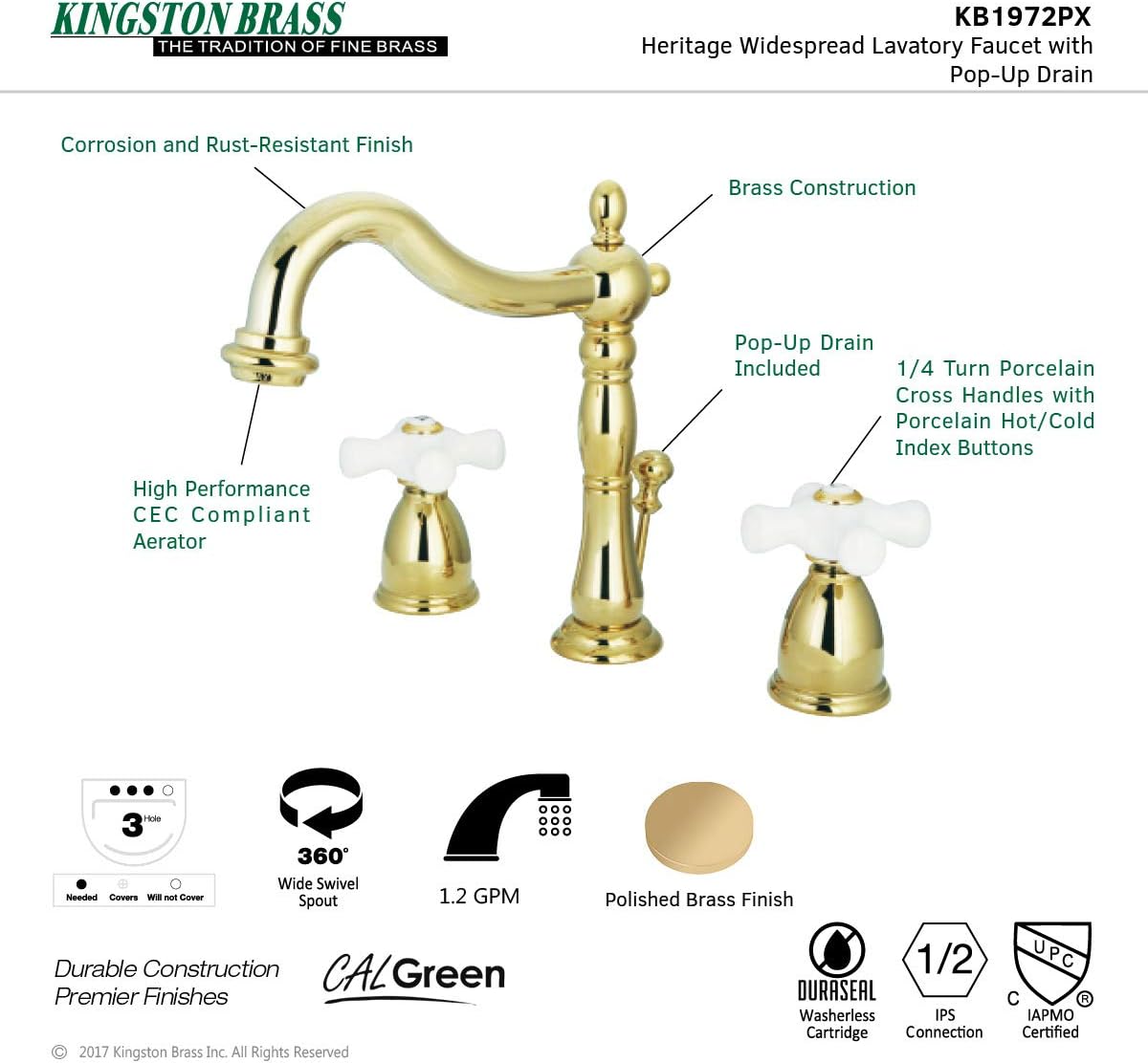 Kingston Brass KB1972PX Heritage Grifo de lavabo generalizado con mango cruzado de porcelana, latón pulido