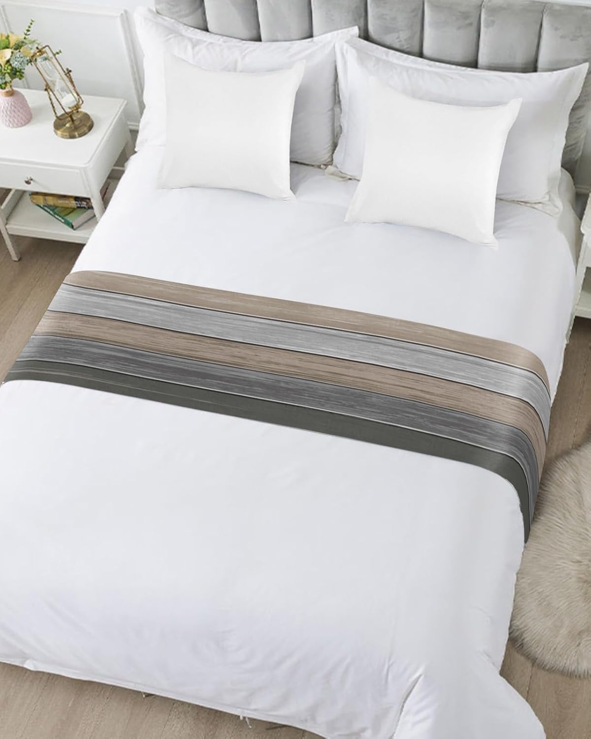 Camino de cama tamaño Queen, estilo rústico de grano de madera gris degradado, bufandas decorativas, estilo campestre vintage, camino de cama suave