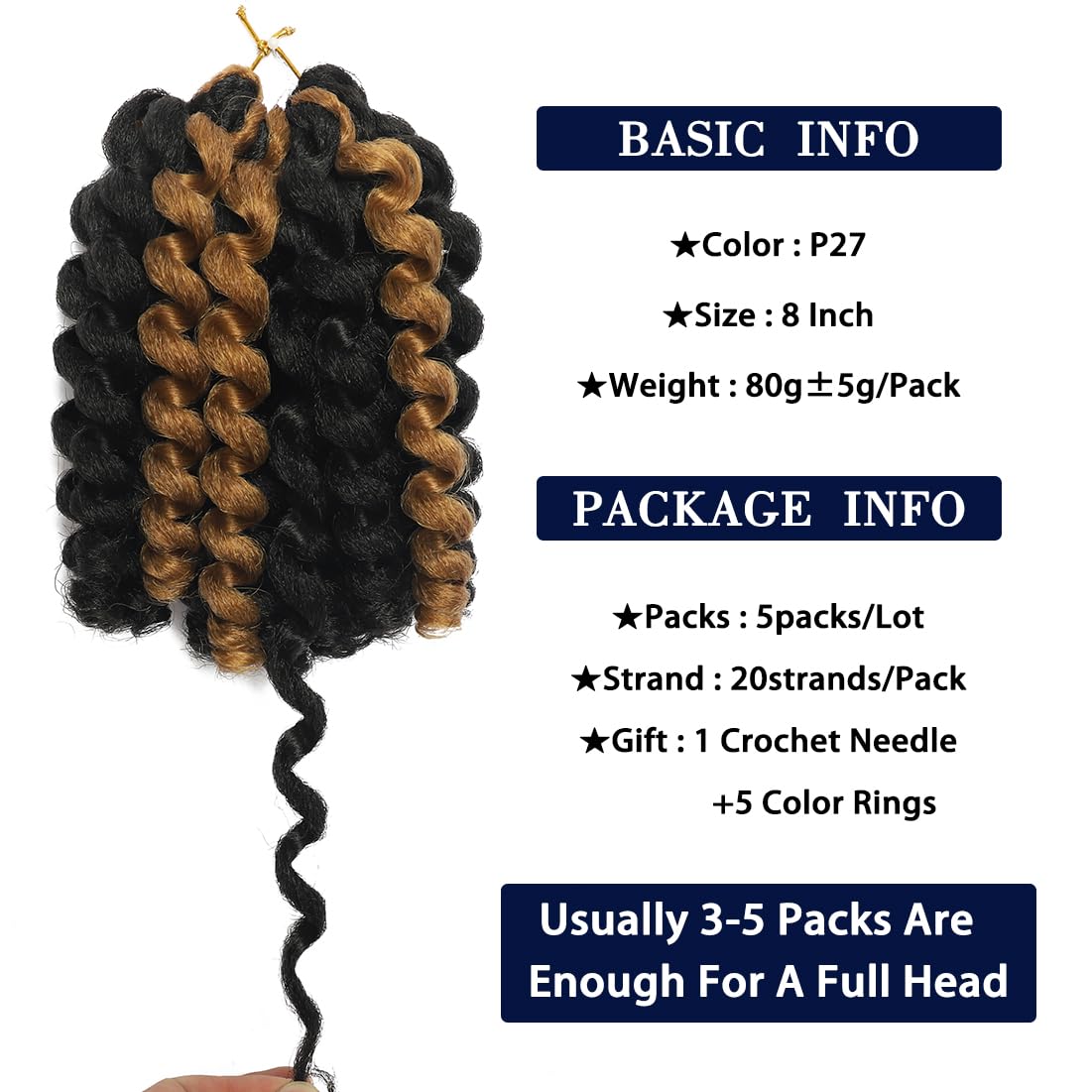 Cabello rizado tipo varita de ganchillo de 8 pulgadas, cabello rizado de ganchillo jamaicano ombré, trenzas de ganchillo de color jamaicano,