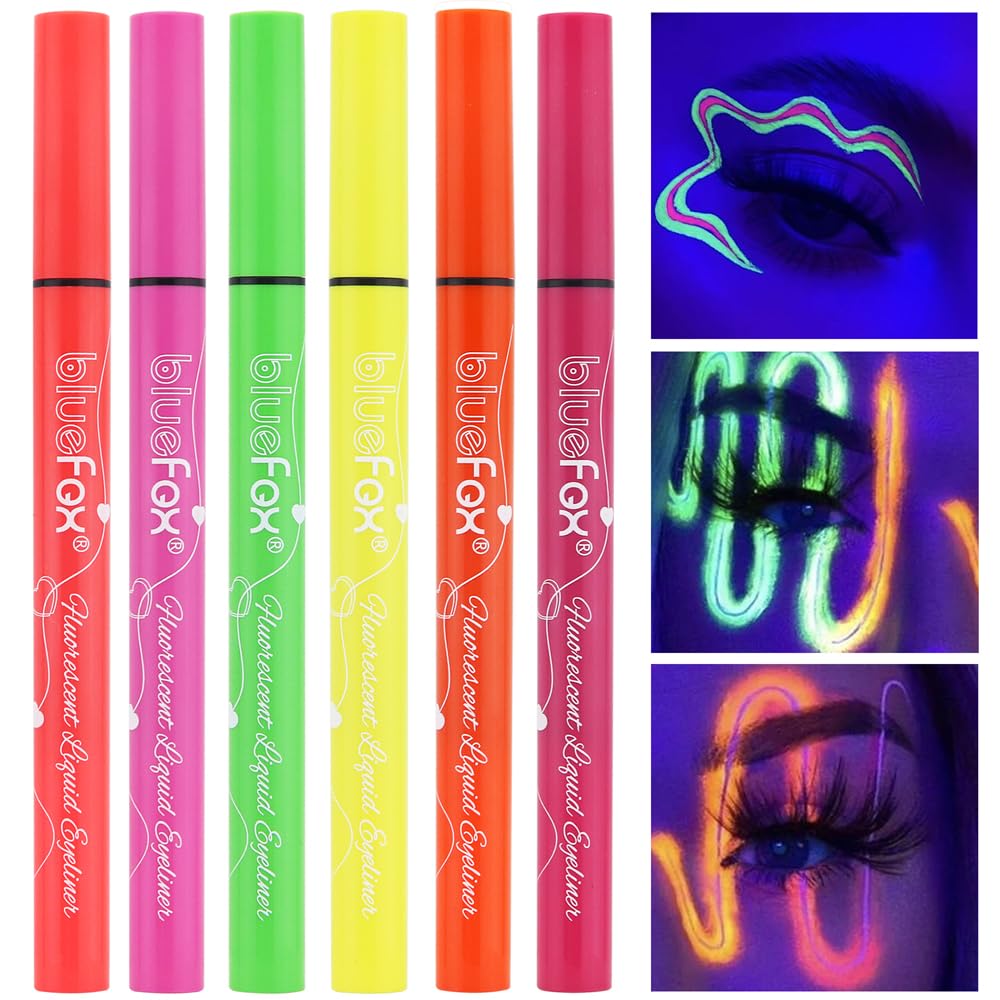 GL-Turelifes Juego de 6 delineadores de ojos con brillo UV, delineador líquido fluorescente de color arco iris, delineador de ojos colorido neón