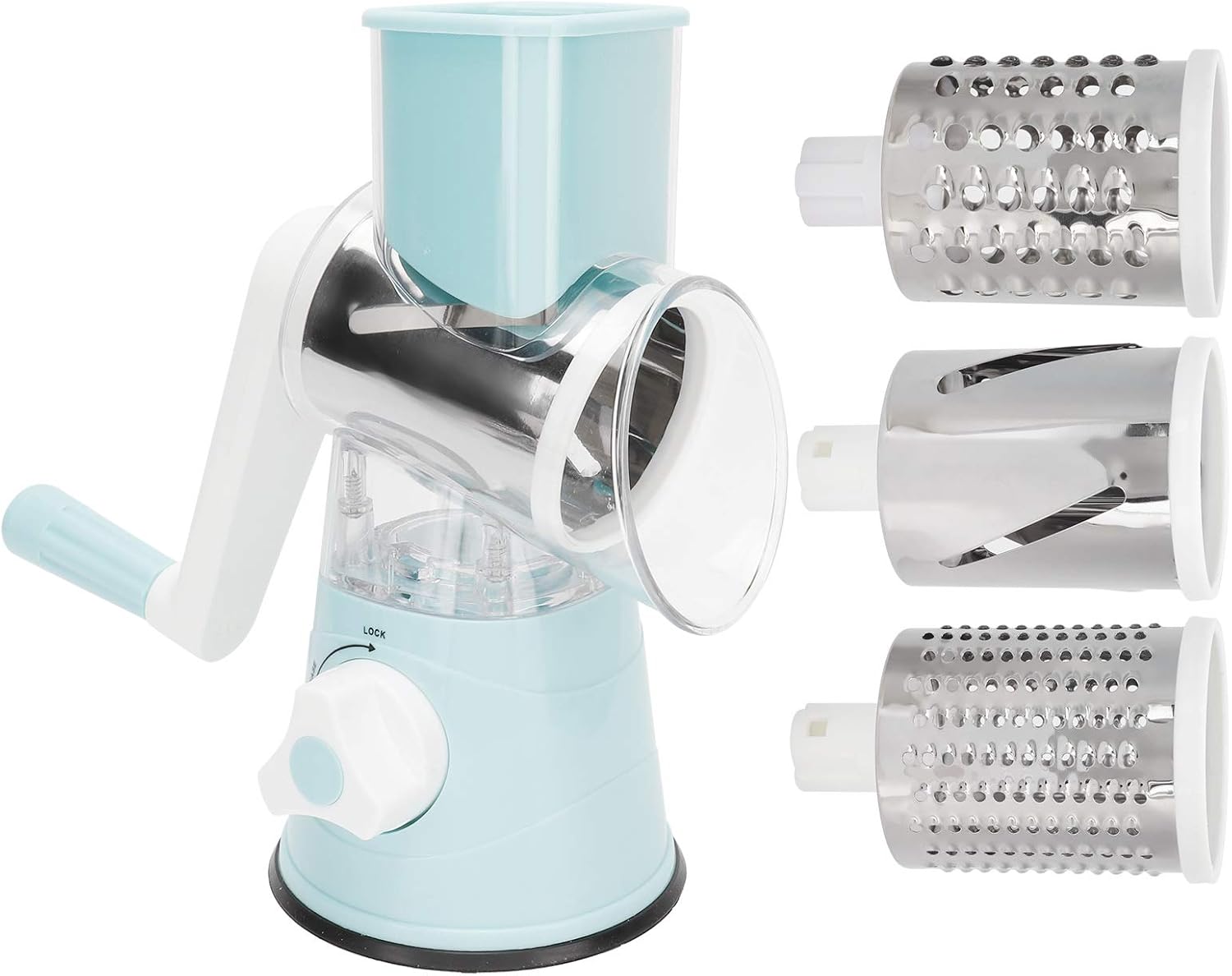 Rallador rotativo de queso, cortador manual de verduras, base de succión, 3 cuchillas intercambiables de acero inoxidable, molinillo de nuez, caja