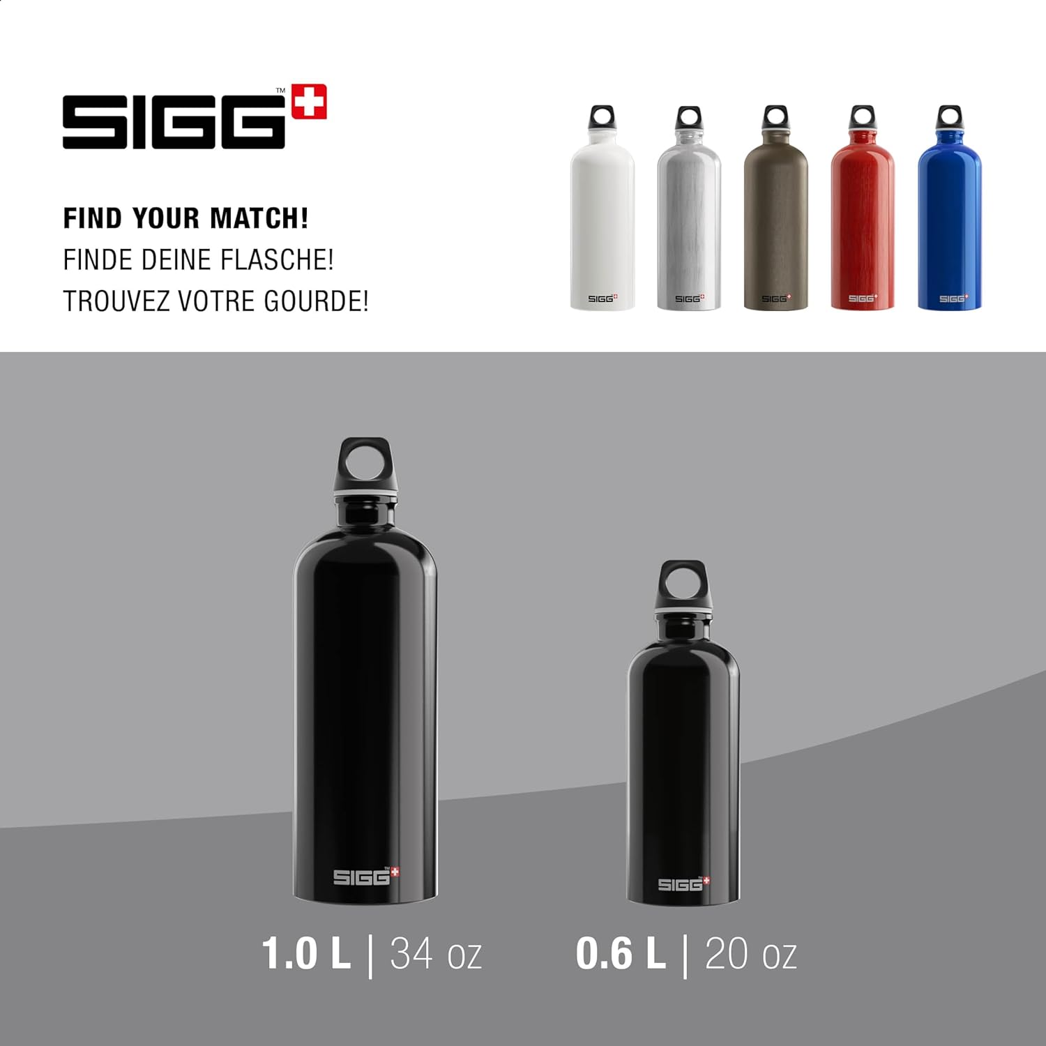 SIGG – Botella de agua de aluminio – Viajero – Hecho en Suiza – Bebidas carbonatadas – Reciclado – Sin BPA – 20 onzas  34 onzas