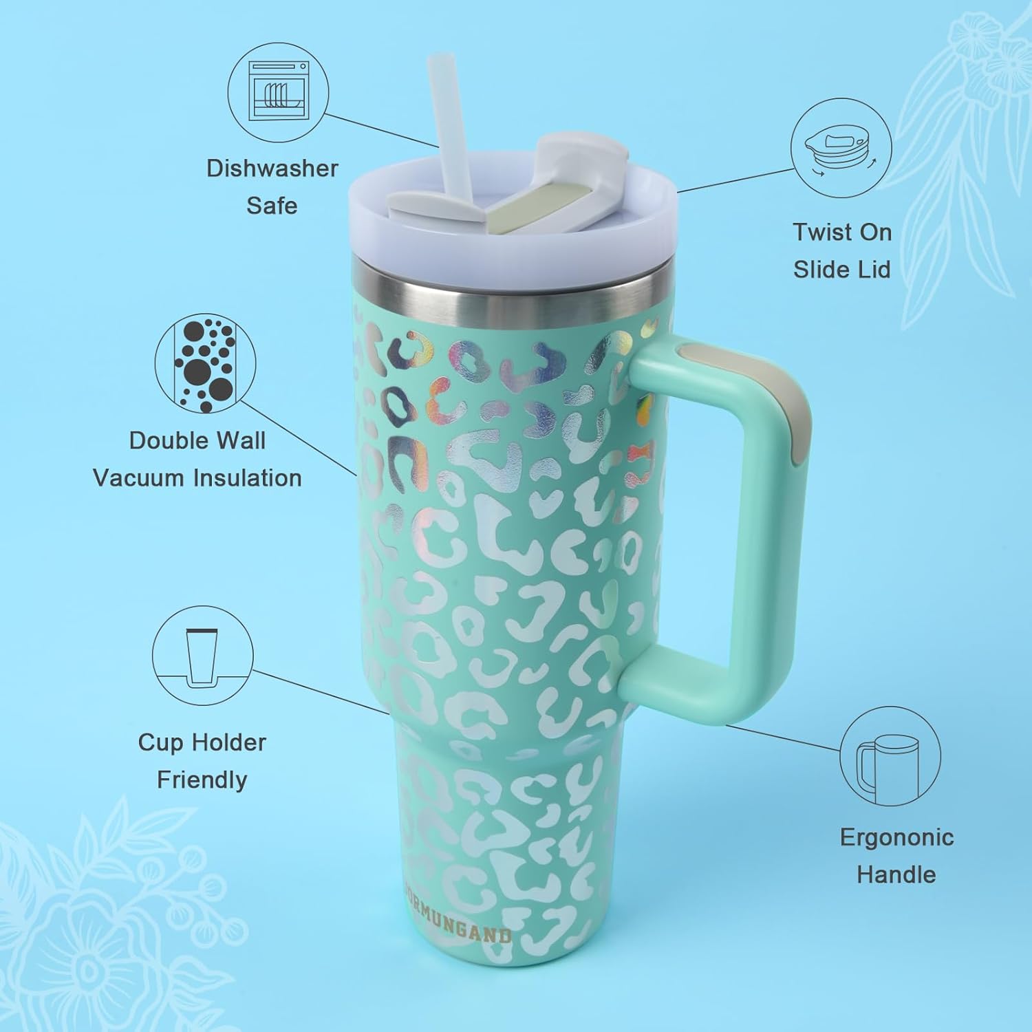 Jormungand Vaso de 40 onzas con asa y pajita, botella de agua de acero inoxidable con aislamiento al vacío para bebidas calientes o frías, taza de