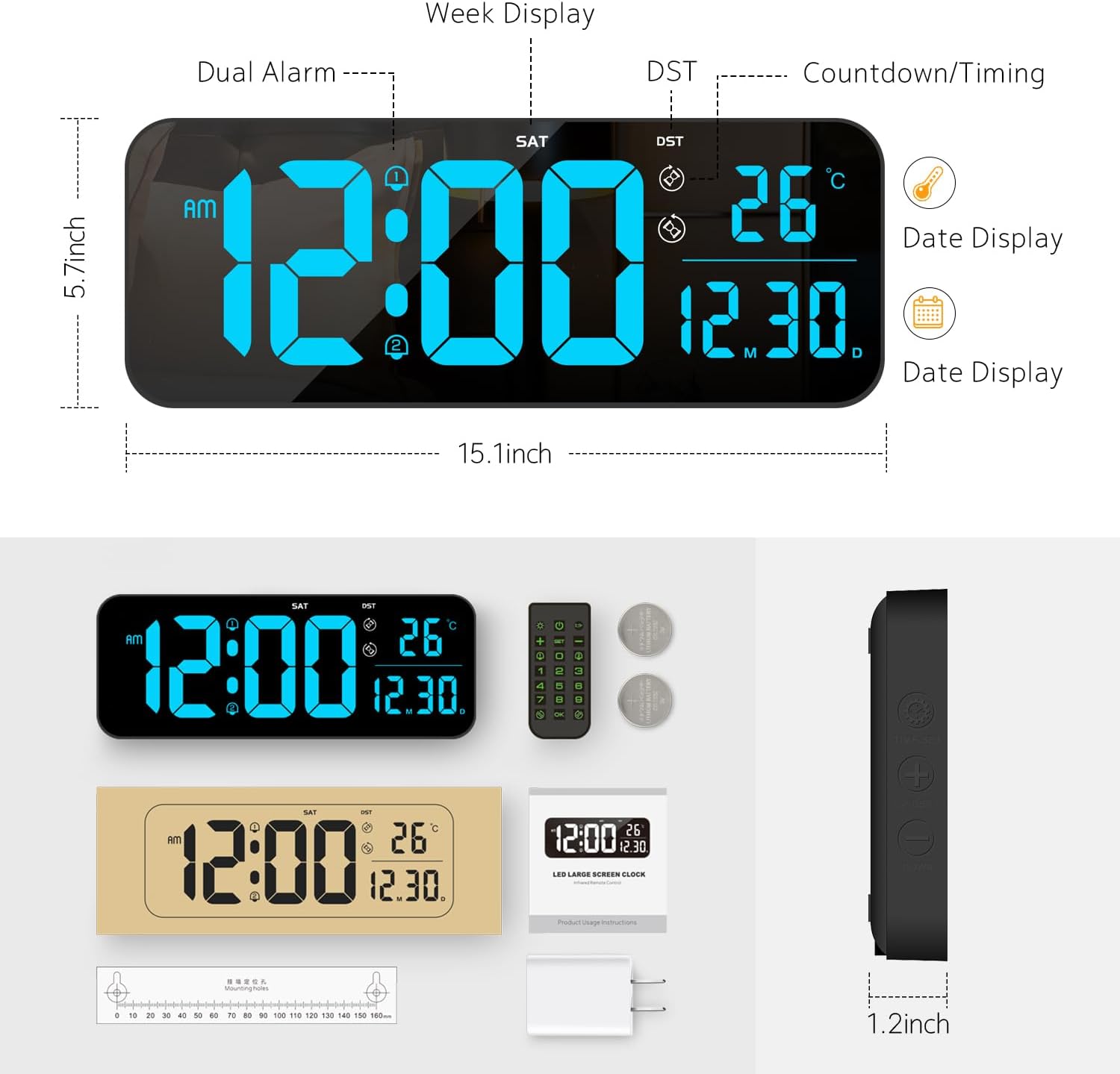 Reloj de pared digital, pantalla LED grande de 15.2 pulgadas con control remoto, 2 despertadores, DST, atenuación automática, 1224 horas,