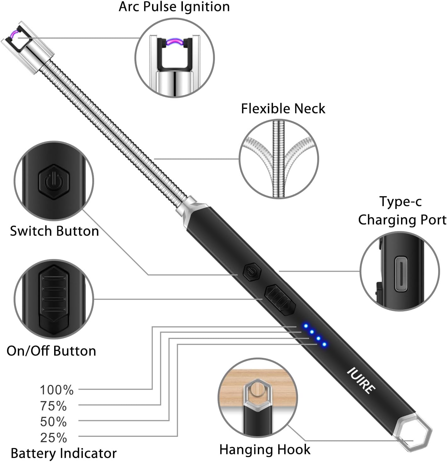 Encendedor de vela Encendedor eléctrico de arco recargable con pantalla LED de batería larga y flexible cuello USB C encendedor (blanco)