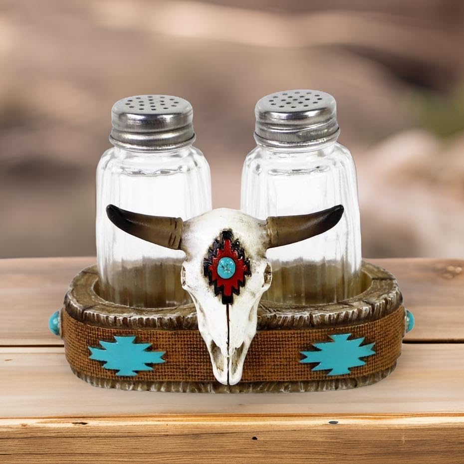 Western Cow Steer Skull – Juego de salero y pimentero con soporte