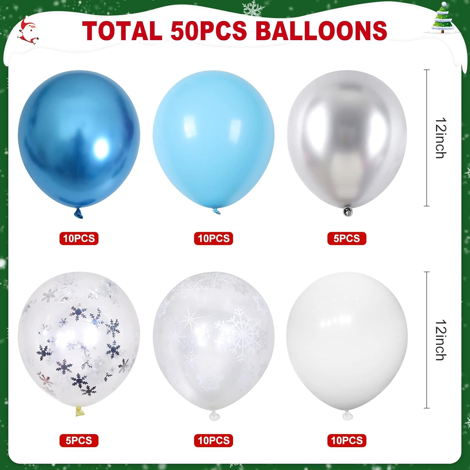 Paquete de 50 globos de confeti de copo de nieve de 12 pulgadas, azul y blanco, globos cromados plateados y azules para fiesta de cumpleaños, fiesta