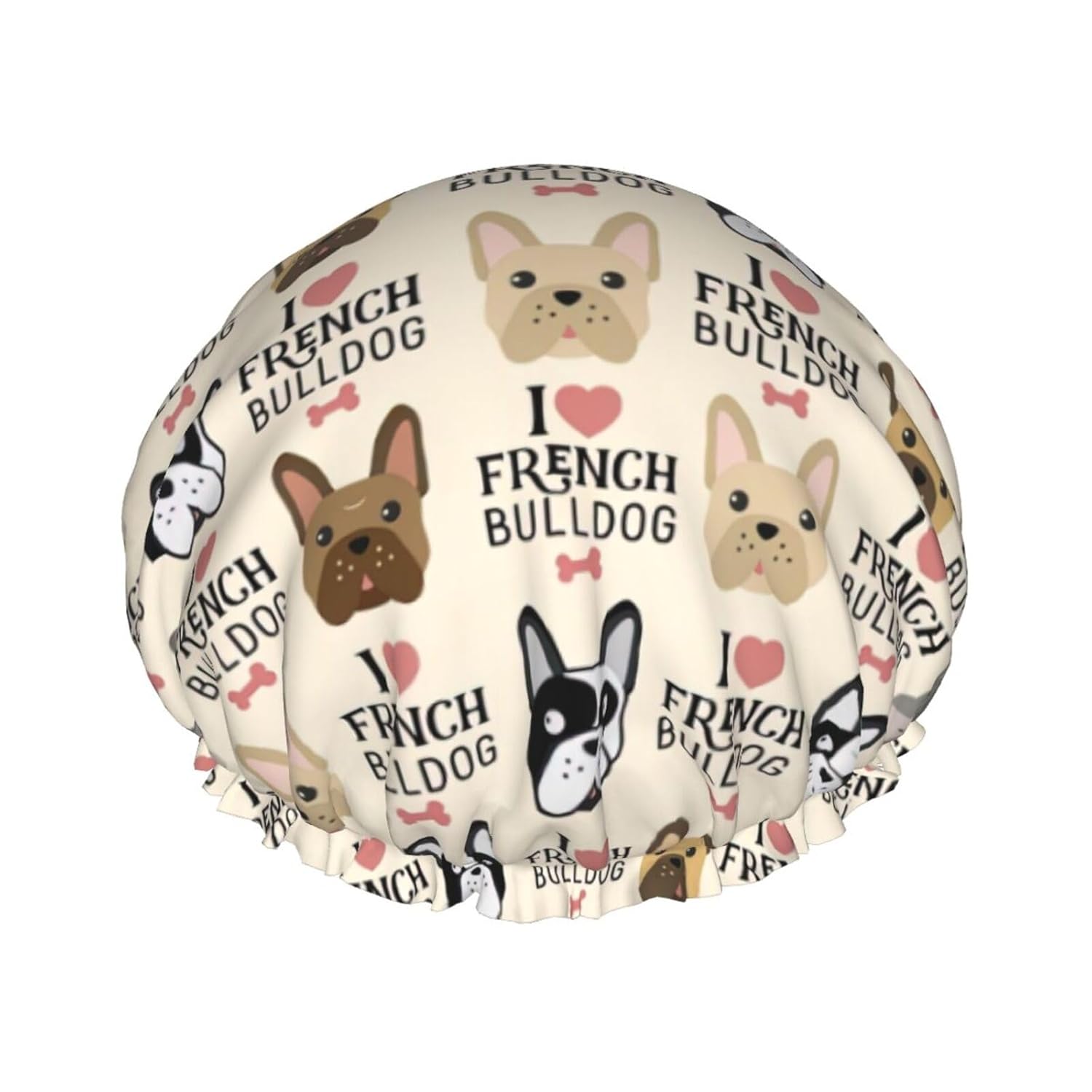 Gorro de ducha de perro francés para mujer, elástico y reutilizable, doble capa impermeable sombrero de baño